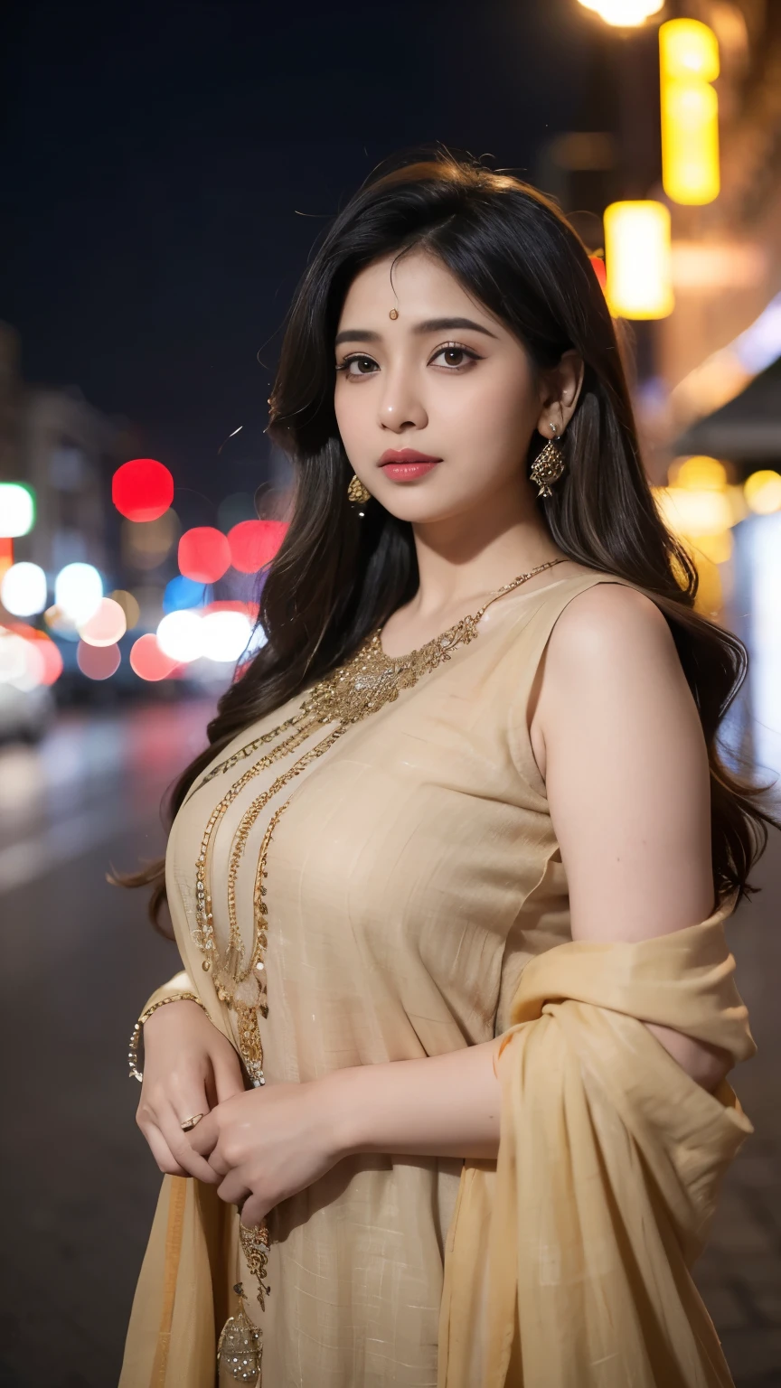 (((desi girl))), chubby face, natural skin, wearing hot deep neck top and dupatta, charming black hair, ((hair ends are blonde)), city streets background, bokeh