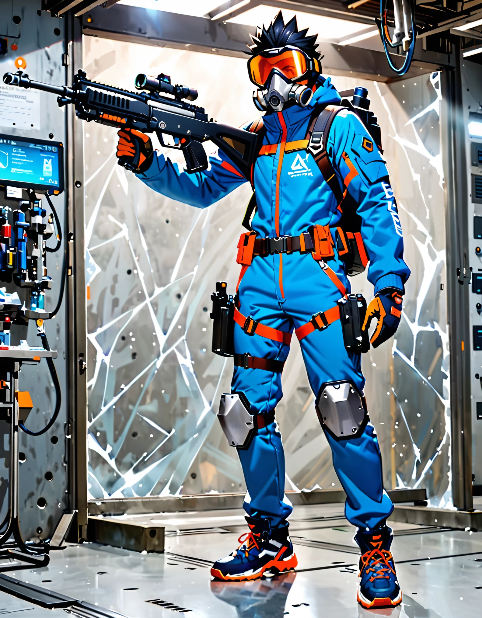 best quality, solo, male focus, overwatch, a man with a helmet and glasses, black hair, spiky hair, blue and white jumpsuit, blue winter jacket, red goggles, blue boots, knee pads, steel breathing mask, (using rifle, freeze gun), laboratory backdrop, ice frost, full body costume design