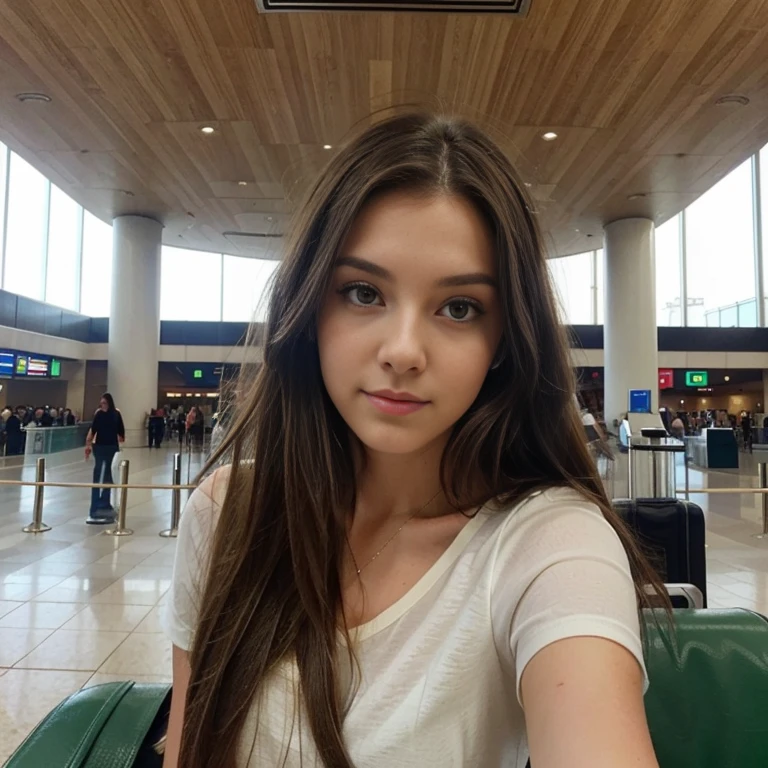21-year-old brunette European woman with long hair and green eyes
. She makes a cute selfie in airport