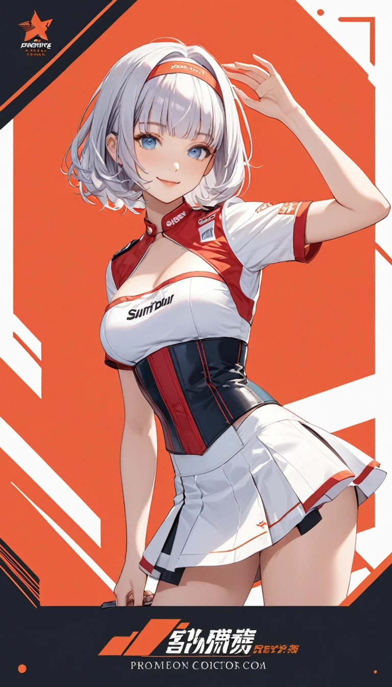 One Girl、 (((black skin))), Beautiful silver hair、((((Very short hair))))、blue eyes、(hair band)、(((Blunt bangs))), 24-years-old, (((Sunburned))), Tight waist、Monte Carlo Street Circuit, Racing Car, Racing Bike, Promotion Girl, Grid Girls, The promotional costumes are exquisitely tailored., paying meticulous attention to detail, Lace-up boots, Short sleeve, Cropped tops, , Tube top bra, Knee-length, Exposing shoulders, Knee-lengthグリッターナイロンプリーツスカート, Asymmetrical medium size nylon pleated skirt, Promotional wear with logo, Red and white glitter promotional wear、((Medium chest)), smile、Fine details,   (((Underbust))), smile、sexy pose, bewitching pose, arched back, back shot, 