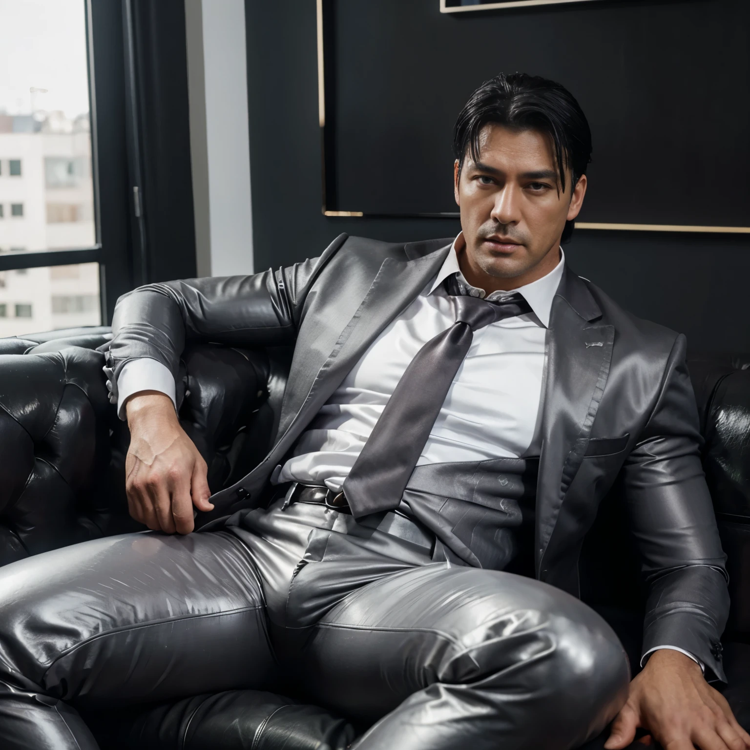 30 years old,daddy,"shiny suit",wear white shirt, very glossy pants, necktie, waistcoat, shiny satin trousers,dark gray satin fabric ,Dad sit down on the sofa,  k hd,in the office,"big muscle" ,black hair,asia face,masculine,strong man,the boss is,handsome,,leather gloves,lecherous dad,look straight ahead,dad is handsome,dad is handsome, dad is "horny daddy"