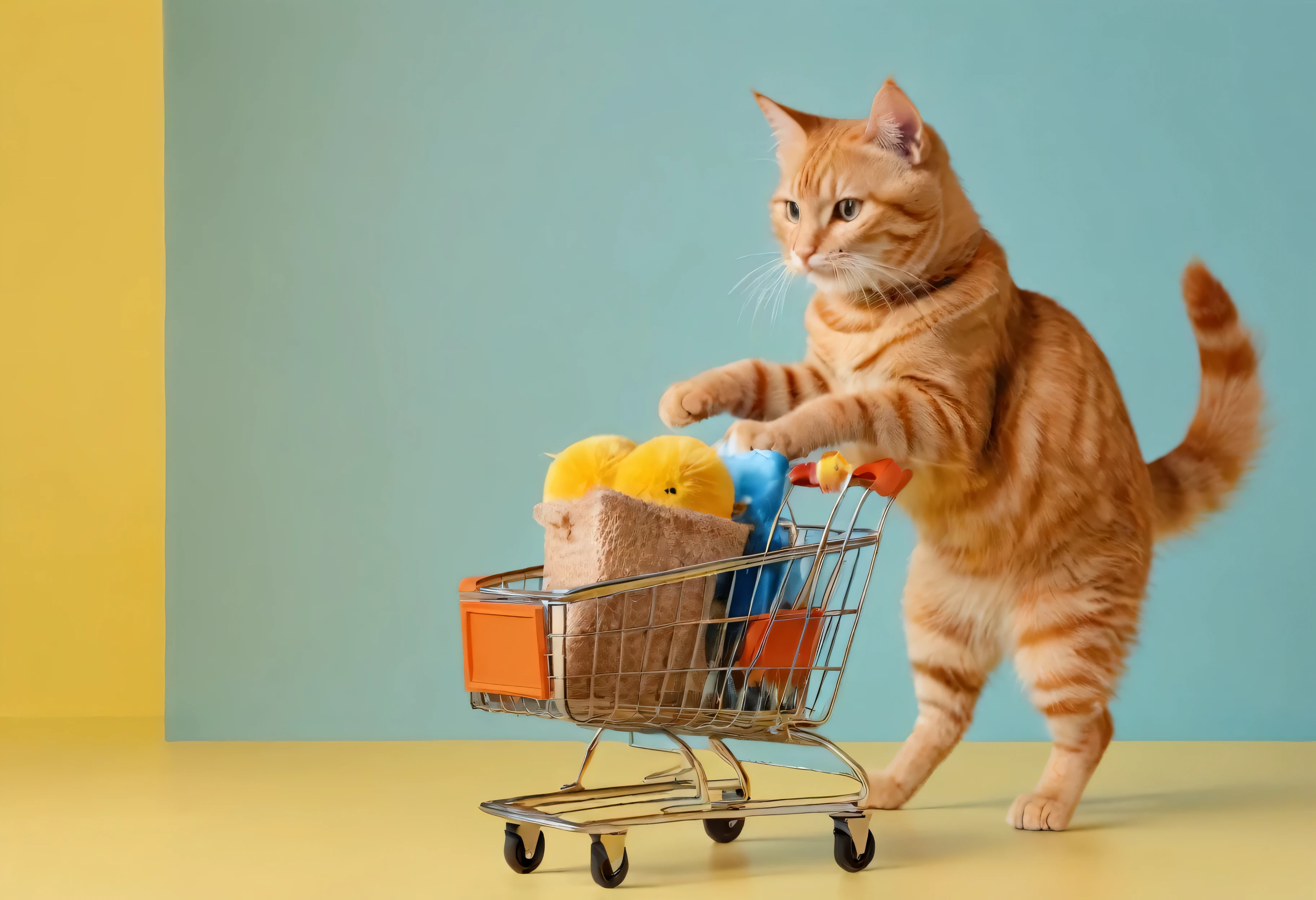 shopping cat, cute orange tabby cat in yellow shirt and pants carrying toy shopping trolley on light yellow background with copy space. Shopping concept, funny animal photo studio