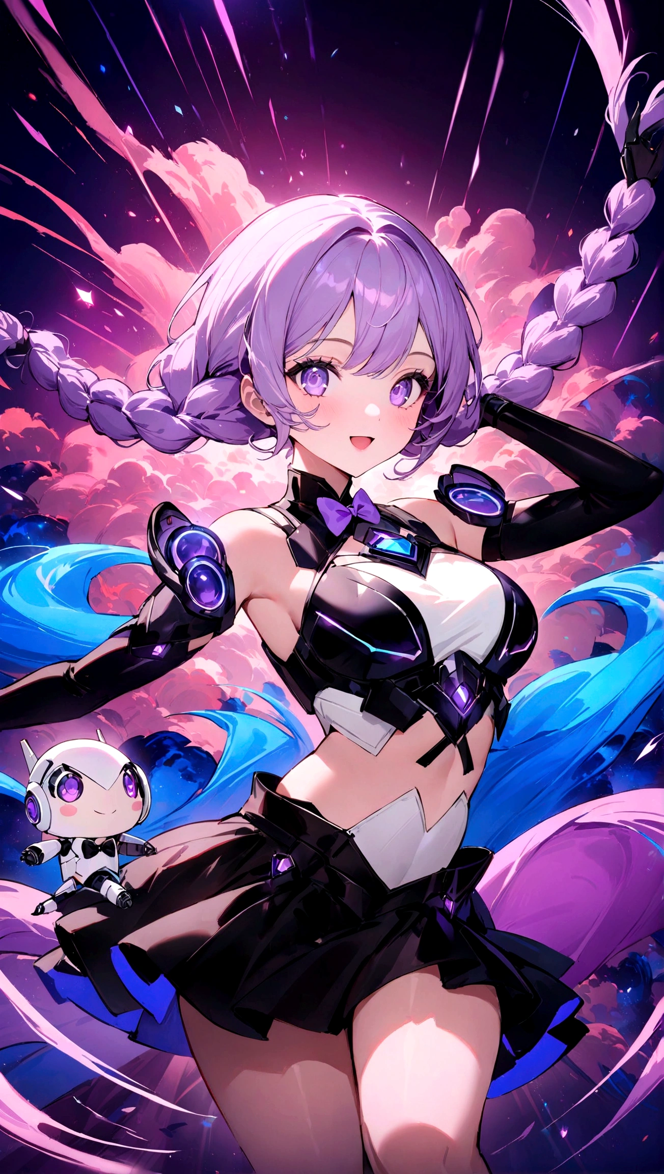 (masterpiece, best quality:1.2) A captivating cinematic portrait featuring a mesmerizing woman with stunning twin braids, reminiscent of crypticgirl, gracefully dancing with her adorable purple-haired, purple-eyed Chibi robot companion. The woman dons a fashionable outfit, incorporating cyber android chest armor with white shirt underneath and a black skirt, while the Chibi robot, dressed to impress, sports a playful expression and a tiny bowtie. The background is an explosion of vibrant colors, including deep purples and electric blues, creating an atmosphere of boundless energy and excitement. The image masterfully combines elements of anime and portrait photography to form a truly enchanting and whimsical scene, perfect for an anime-inspired poster.