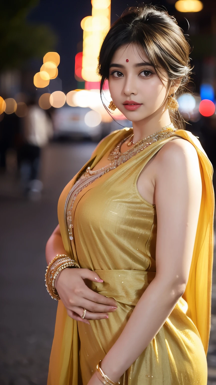 (((desi girl))), chubby face, natural skin, wearing hot deep neck top and dupatta, charming black hair, ((hair ends are blonde)), city streets background, bokeh