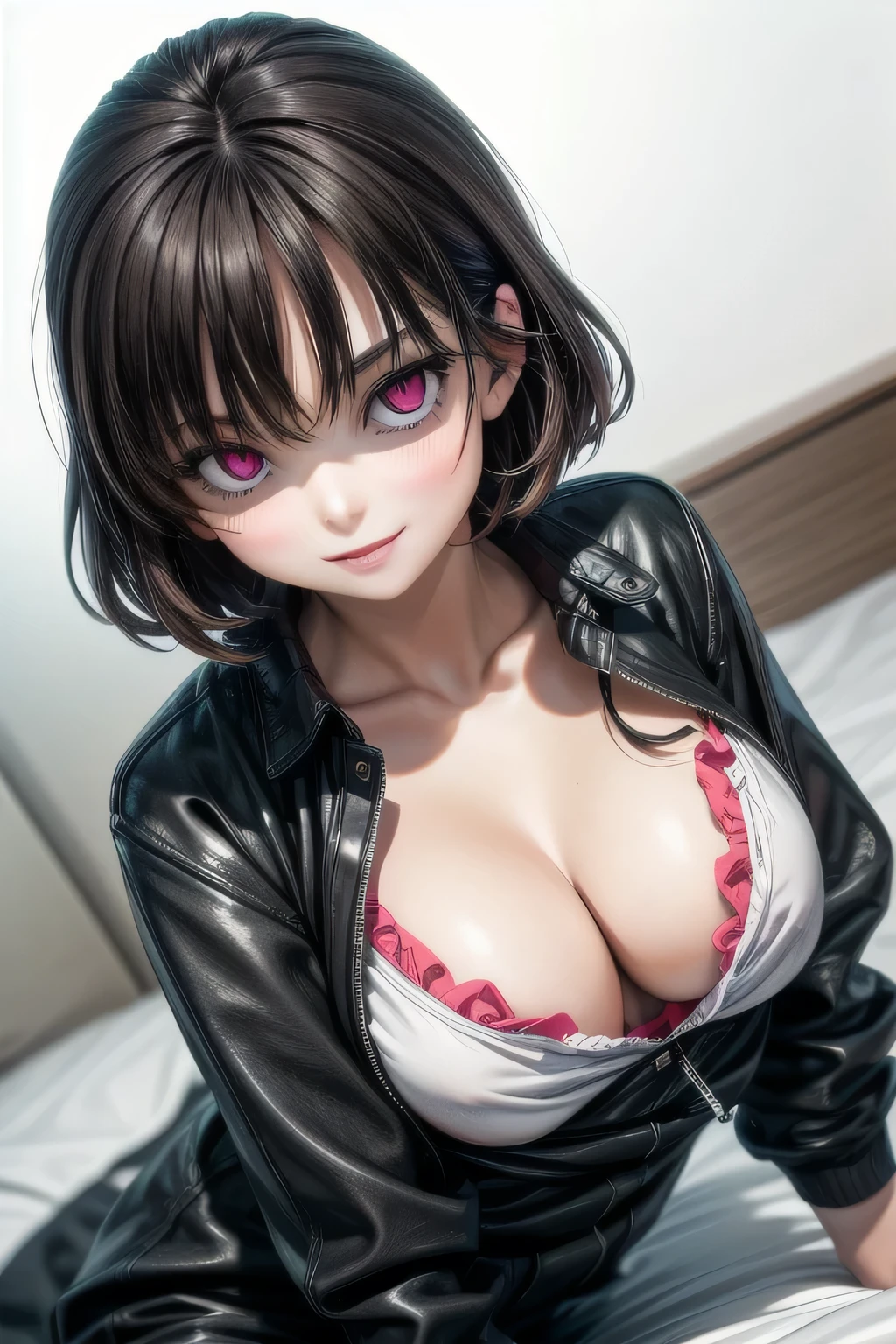 (Tabletop:1.0), (highest quality:1.4), (High resolution:1.2), From the side,Sharp contours,  boyish, highest quality, masterpiece,Glasses,Voice of the Heart,20-year-old woman,yandere,Big Breasts,Chest to chest,Lying face down,Upper Body,Ecstasy,saliva,blush,Squint your eyes,Heterochromia iridis,Tuck up your clothes,lure