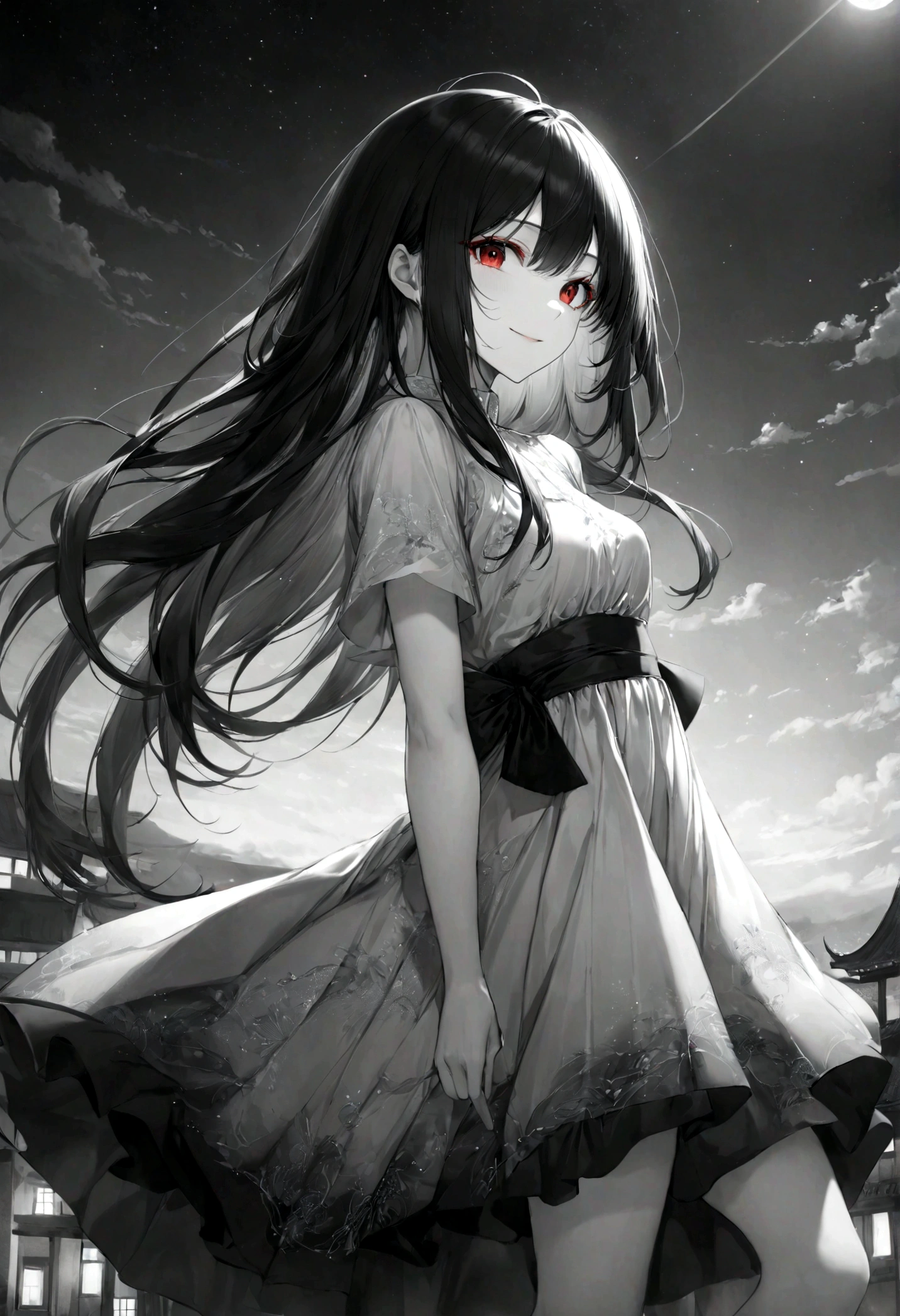 (top-quality)), ((masterpiece)), ((ultra-detailliert)), (extremely delicate and beautiful), dark black hair, long straight hair, beautiful woman, gentle smile, elegant expression, red eyes, black and white dress, knee length dress, jiraikei styled dress, night sky background