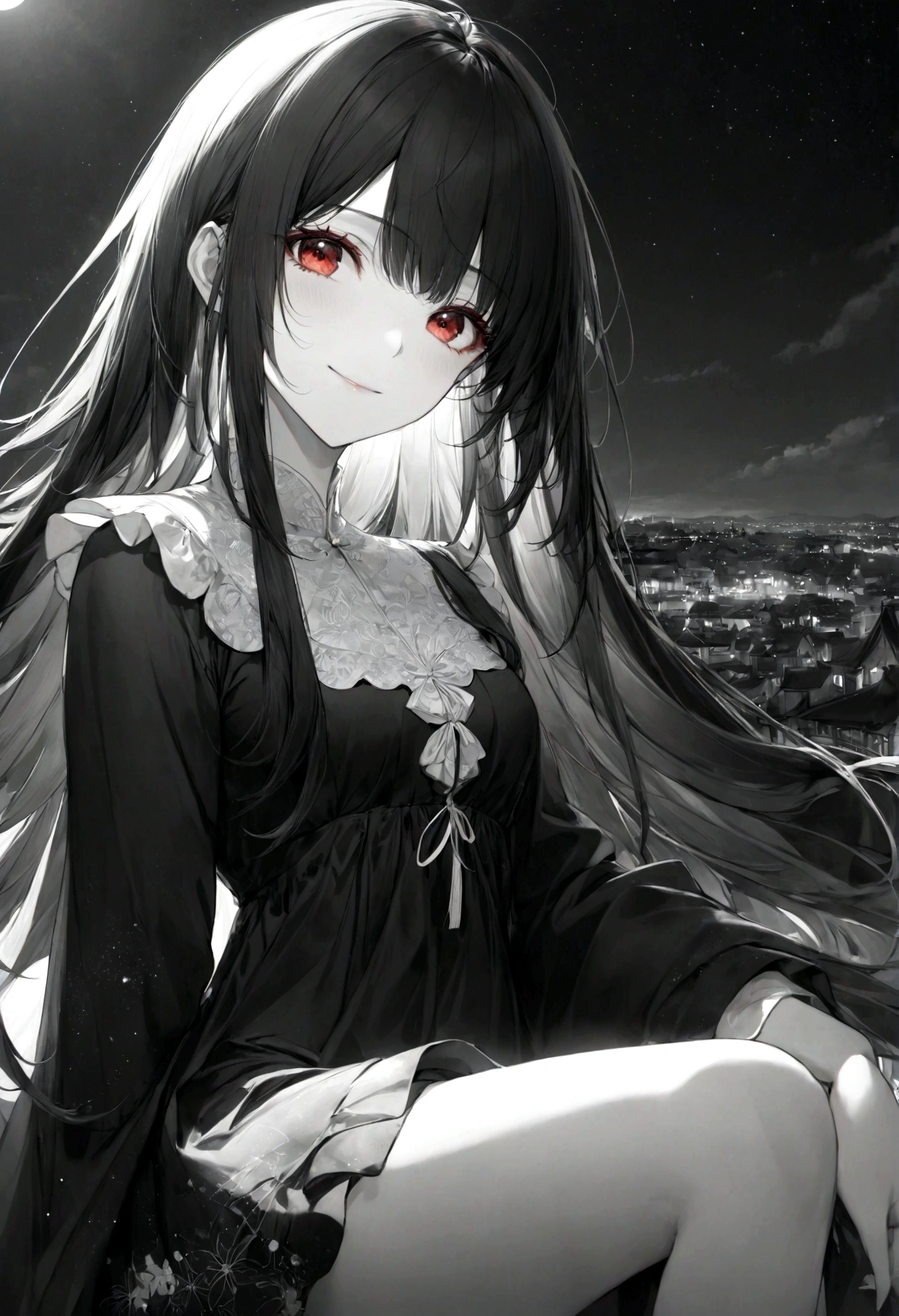 (top-quality)), ((masterpiece)), ((ultra-detailliert)), (extremely delicate and beautiful), dark black hair, long straight hair, beautiful woman, gentle smile, elegant expression, red eyes, black and white dress, knee length dress, jiraikei styled dress, night sky background