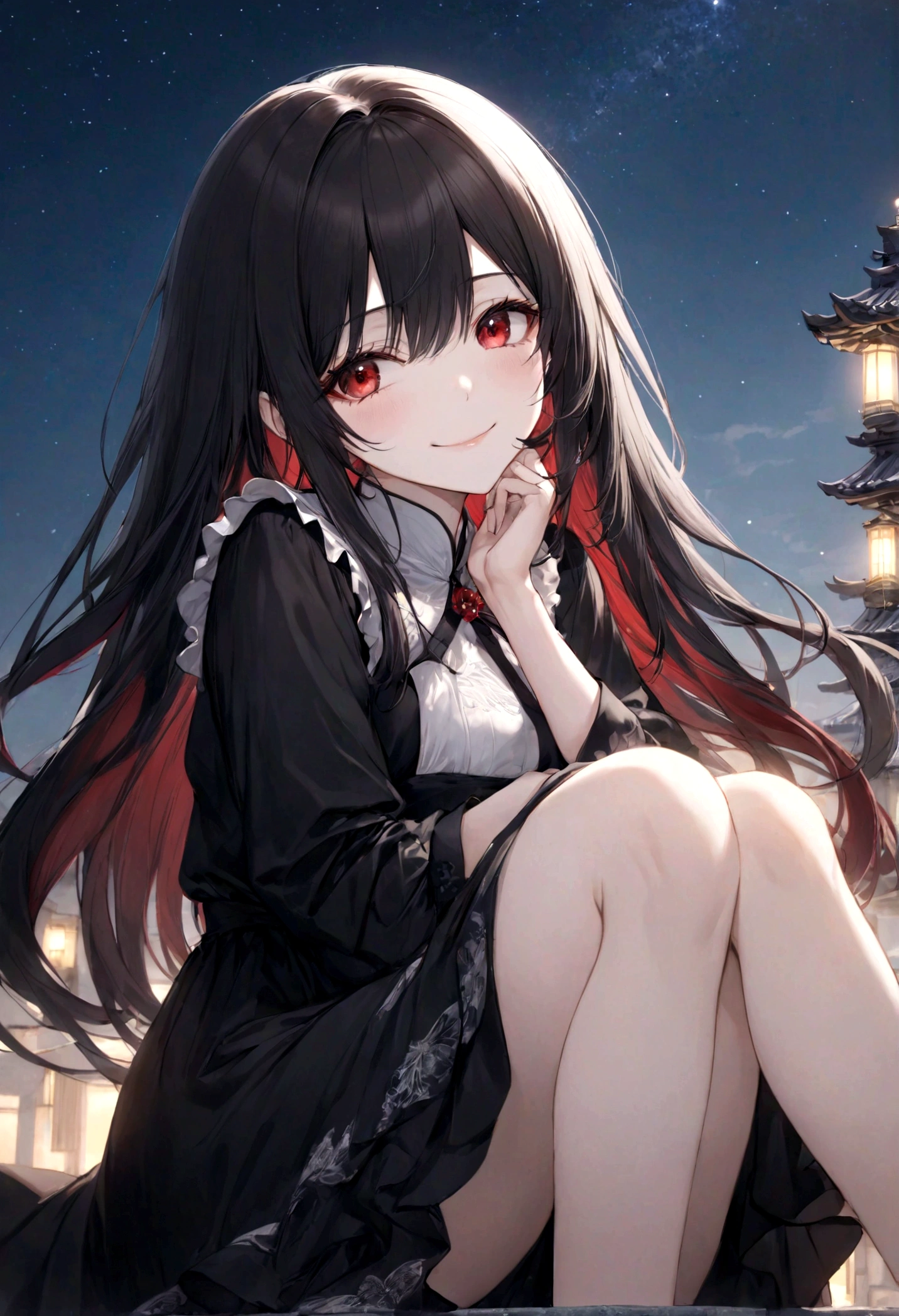 (top-quality)), ((​masterpiece)), ((ultra-detailliert)), (extremely delicate and beautiful),  dark black hair, long straight hair, beautiful woman, gentle smile, elegant expression, red eyes, black and white dress, knee length dress, jiraikei styled dress, night sky background