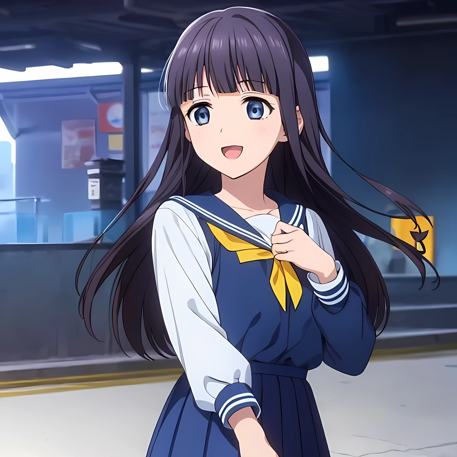 (highest quality, masterpiece:1.2), highest quality, High resolution, 1080p, 8K, Game heroine CG, Height: 158cm, Birch tree, ((1A mature beautiful woman smiles and kisses a birch tree)), A face that everyone loves, Glossy lips, Even bangs, Double, Long eyelashes on both the top and bottom, Smiling blue eyes, The very large and thick yellow ribbon bowtie is very cute., ((Black Hair)), Beautiful, shiny, long black hair, ((A long, neat, dark navy pleated skirt)), (((A long-sleeved navy blue sailor uniform for winter, all dark blue in color))), ((Navy blue jacket)), Smiling, slightly open mouth like a game heroine, Ribbon in hair, Tight waist, A pure white space, ((Blur the background)), tilting your head, Looks very sleepy