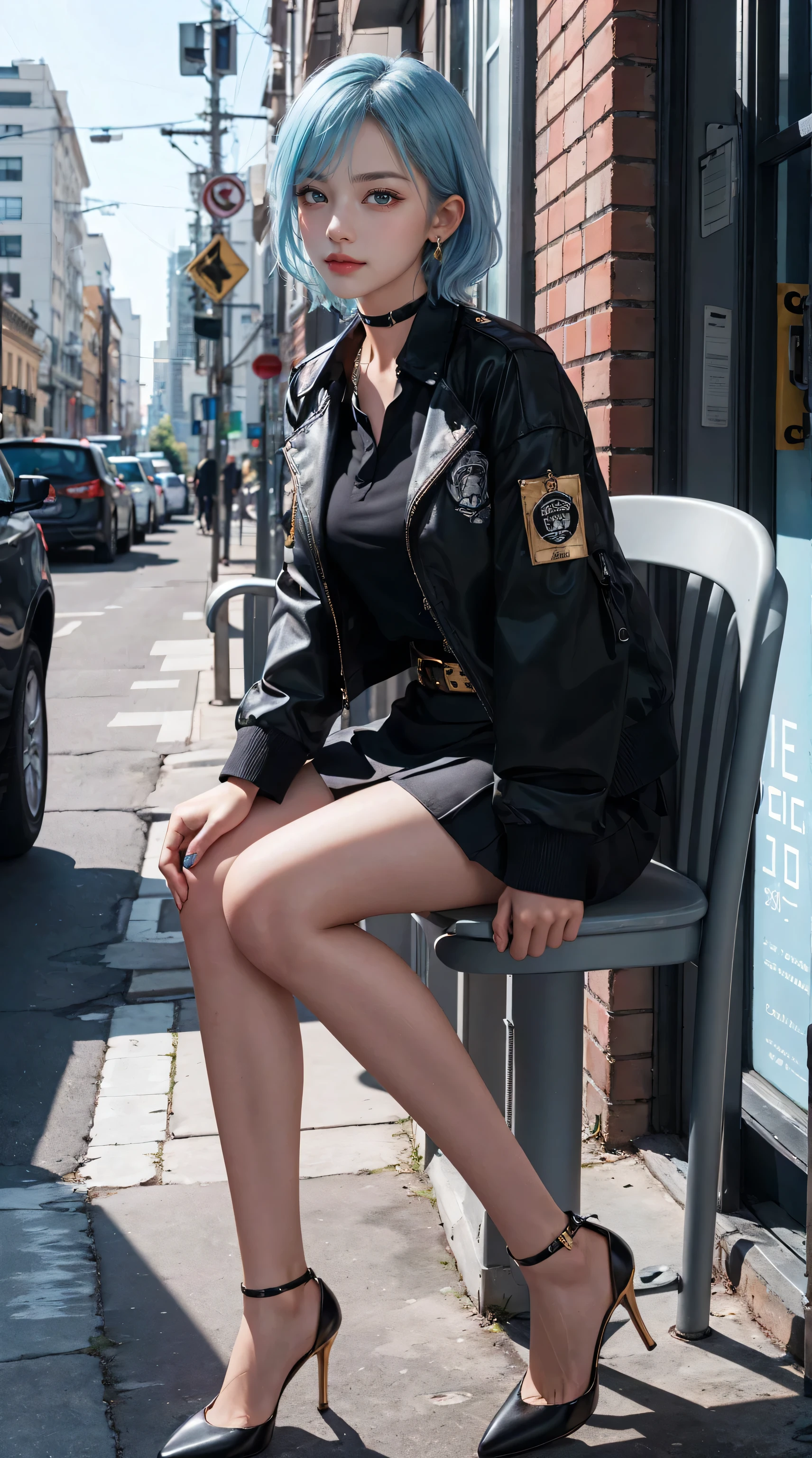 masterpiece, best quality, 4K, ultra-detailed, photorealistic, 1 girl, (A fascinating eye for perfect detail:1.2), smirk, (gold earrings), (short light blue hair), ((letting hair blow in the wind)), black choker, (wearing a black jacket without her arms through the sleeves), ((white collared shirt)), ((black skirt)), (long sleeves), (black belt), (black high heels), (sitting on the chair and drinking coffee at cafe), (front view), (full body), cityscape