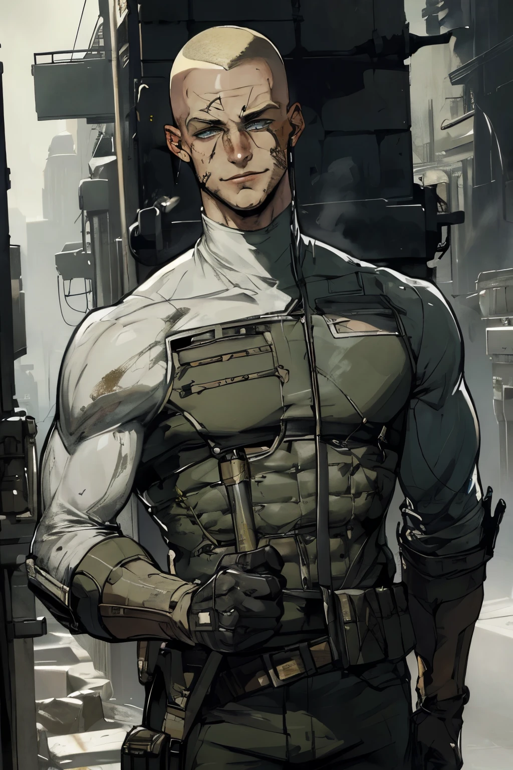 A badass rugged white young man in long ragged futuristic military gear, with a touch of blood and showcasing his skills as a soldier sci-fi. He also has buzzcut blonde hair (skinhead), green eyes and blonde eyebrows, smiling, laughing, smirking, trigger happy, muscular, masculine, (1male), best quality, (masterpiece), (methurlant), (comic), y2k animation, intricate detail, smooth, (futuristic),