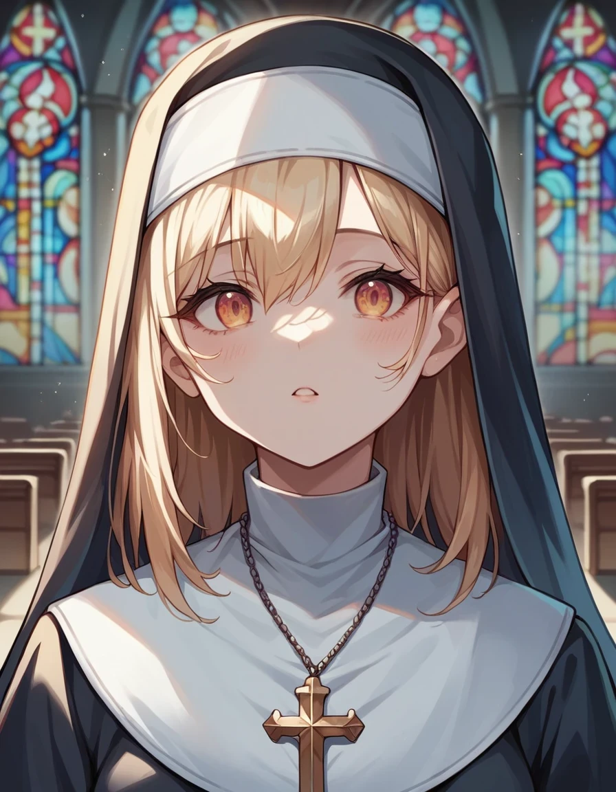 score_9, score_8_up, score_7_up, score_6_up, source_anime, 1girl, nun, looking at viewer, detailed face, delicate face, stained glass, church, indoors, arch, close up,