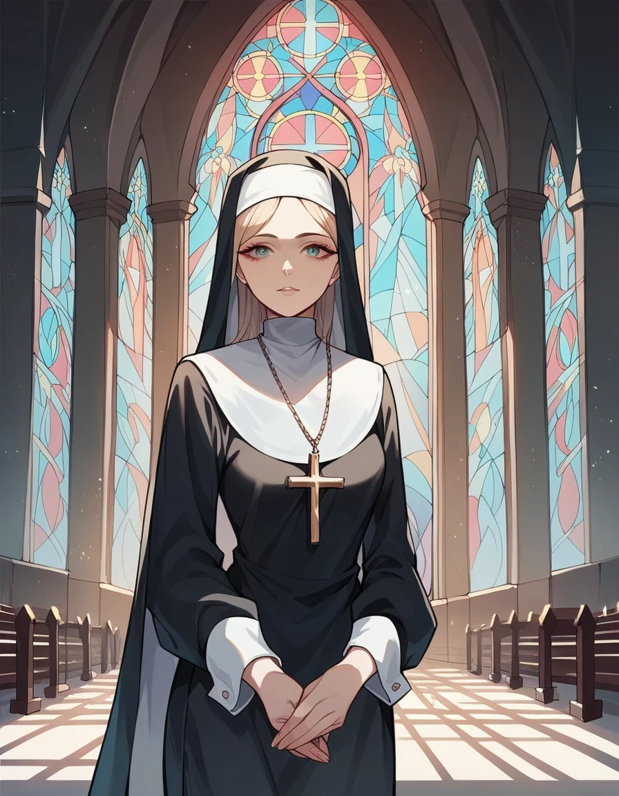 score_9, score_8_up, score_7_up, score_6_up, rating_safe, 1girl, nun, sexy, alluring, looking at viewer, dynamic poses, dynamic angles, stained glass, church, indoors