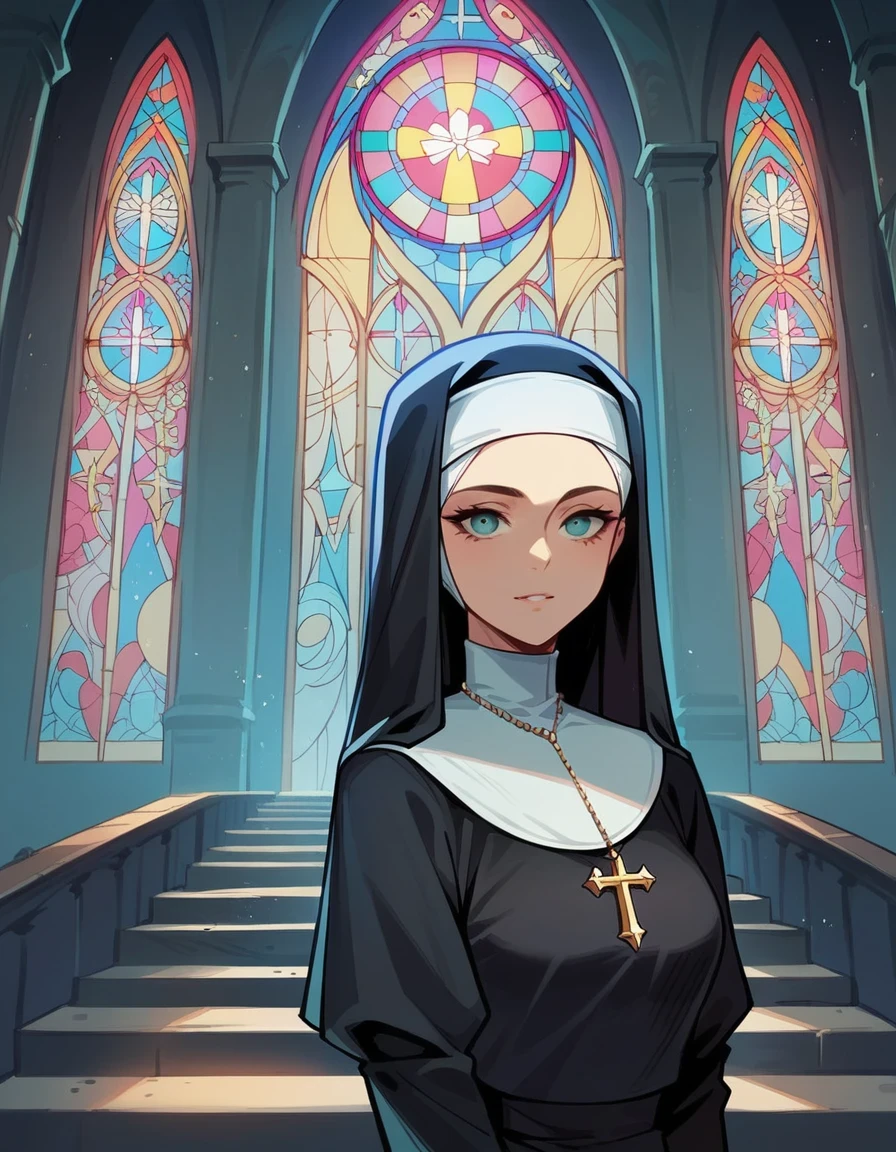 score_9, score_8_up, score_7_up, score_6_up, rating_safe, 1girl, nun, sexy, alluring, looking at viewer, dynamic poses, dynamic angles, stained glass, church, indoors