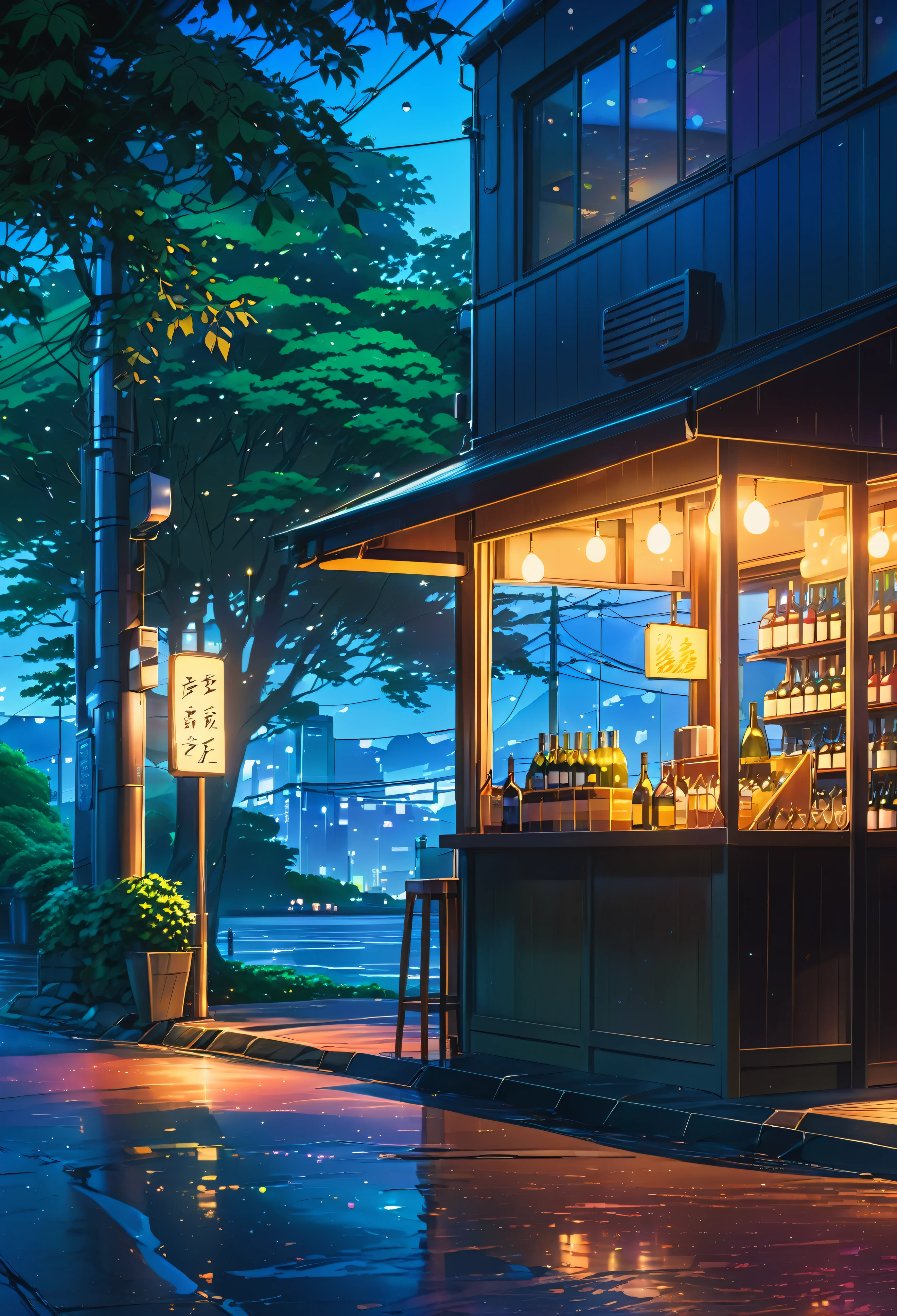 nighttime scene of a small store with a lot of bottles of wine, anime background art, cozy cafe background, style of makoto shinkai, anime background, in style of makoto shinkai, colorful anime movie background, beautiful anime scene, studio glibly makoto shinkai, anime scenery concept art, beautiful anime scenery, anime movie background, anime scenery