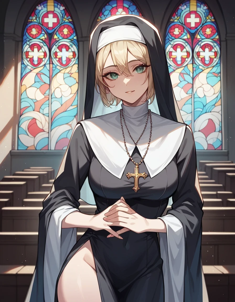 score_9, score_8_up, score_7_up, score_6_up, rating_safe, 1girl, nun, sexy, alluring, looking at viewer,   stained glass, church, indoors