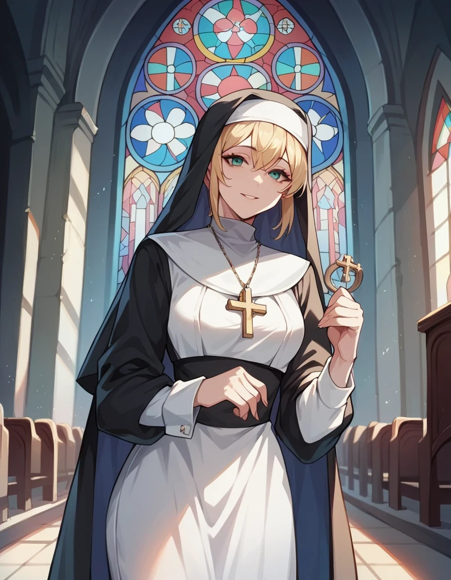 score_9, score_8_up, score_7_up, score_6_up, rating_safe, 1girl, nun, sexy, alluring, looking at viewer, stained glass, church, indoors