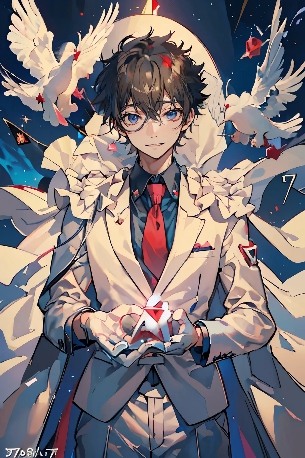 (Mastepiece), (Best Quality), Very detailed, (( boy:1.5)), Perfect Face, Beautiful Face, Very detailedな顔，(Black short hair:1.3)，((White Suit 1.4))、(Blue Shirt)、(Pink tie)、((White Top Hat 1.4))、((White Cape:1.4))、(White Gloves 1.4)、(Monocle 1.3)、(Playing cards 1.2)、(Night Sky:1.5)、(White Dove:1.3)、(Red Gem:1.4)、magician、(Toothy smile:1.3)