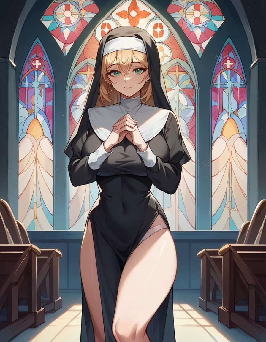 a nun sitting on the altar with wide open legs, nudity, uncovered private parts, nude,
 very small breasts,(European :1.2), (age 11-etty gi:1.3), high nose,
 very skinny, flat chest, slim thighs, slim legs, small hip, black  hair, hijab