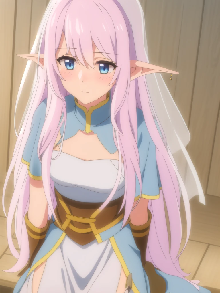 (((Best quality))),((Ultra-detailed)),((illustration)),((Disheveled hair)),((frilld)),(1 girl),(Solo),1girl,blue eyes, long hair, Rating：safe , pointy ears , LavenderBlush hair , elf ， wedding ，wedding dress, veil ， long dress,