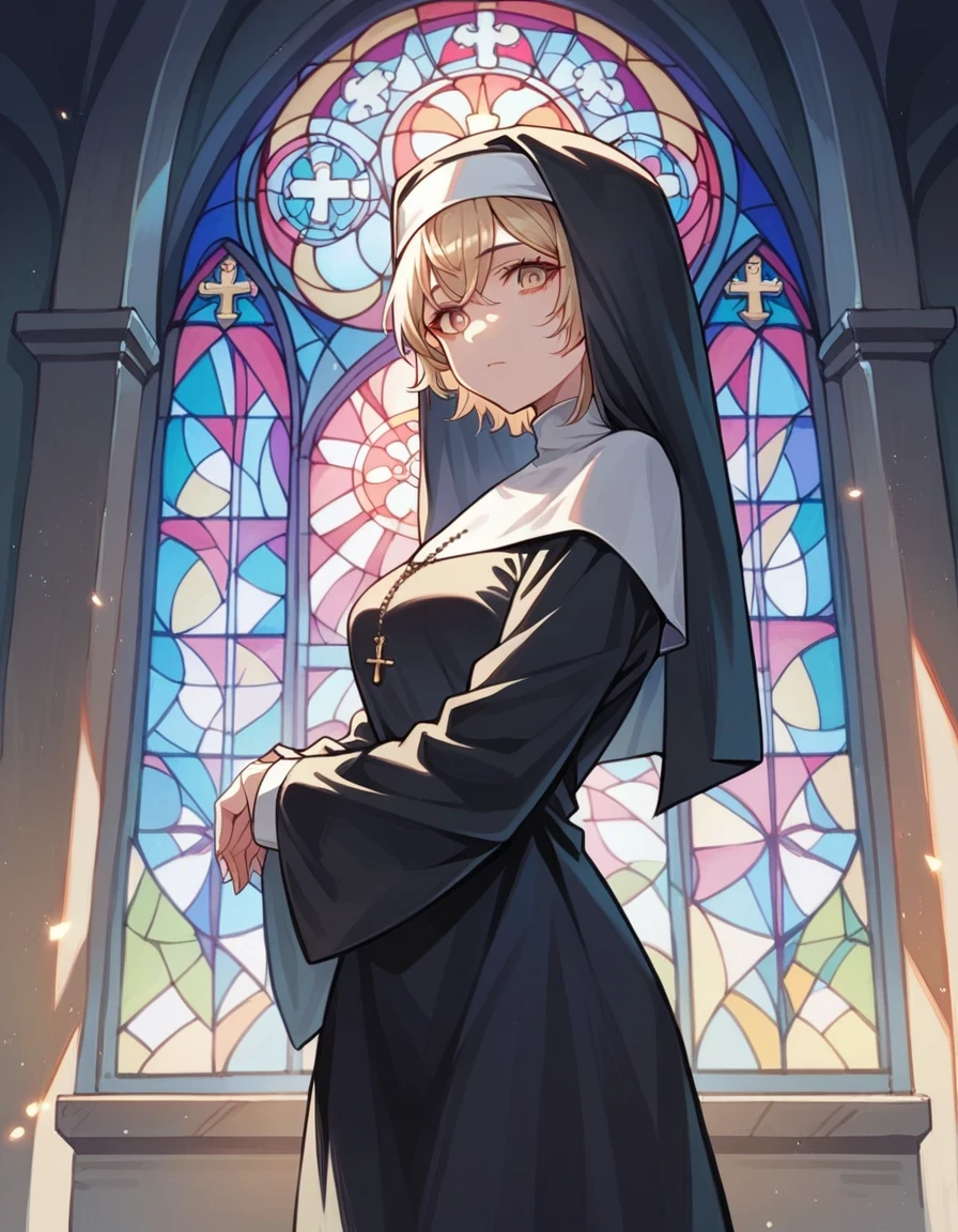 score_9, score_8_up, score_7_up, score_6_up, source_anime, 1girl, nun, looking at viewer, detailed face, delicate face, stained glass, church, indoors, arch,