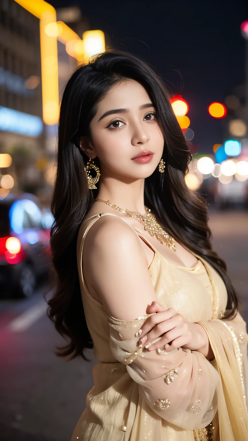 (((desi girl))), chubby face, natural skin, wearing hot deep neck top and dupatta, charming black hair, ((hair ends are blonde)), city streets background, bokeh