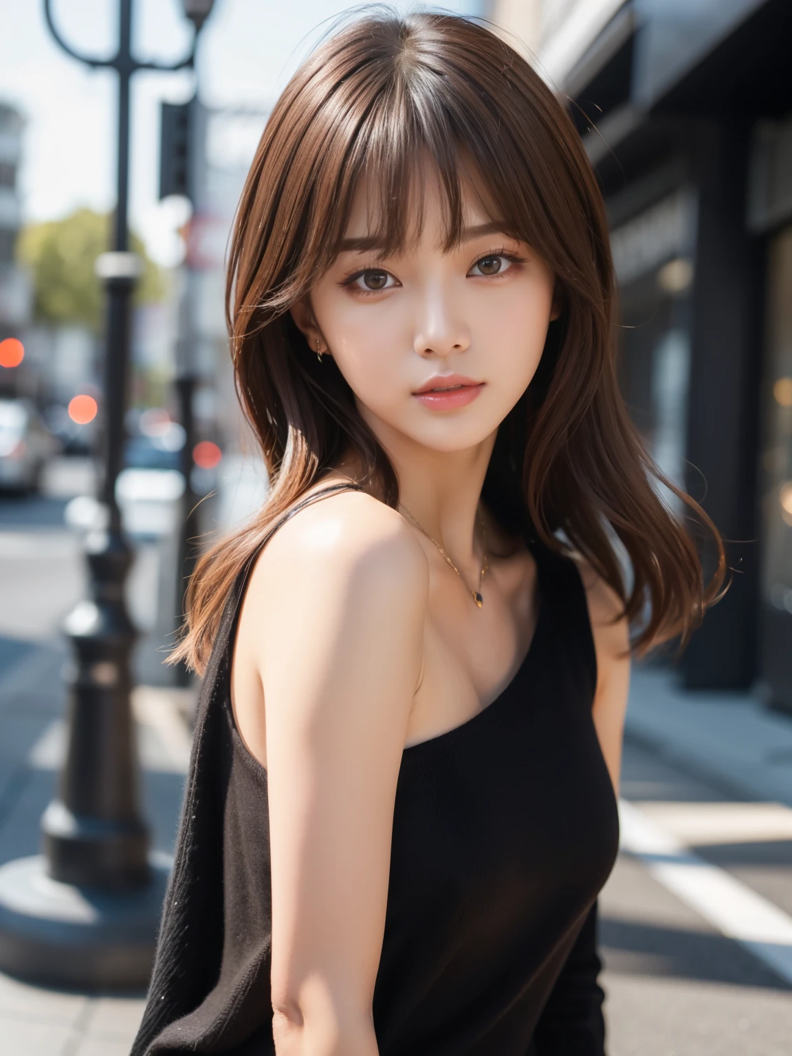 Ultra High Definition, Superior Quality, Premier Quality, ultra detailed, Photorealistic, 8k, RAW Photos, highest quality, masterpiece, Attractive girl, Stunning girl, Brown Hair, Shoulder Length Layered, asymmetrical bangs, K-pop Idol, Sophisticated girl, Black knit, Shibuya,