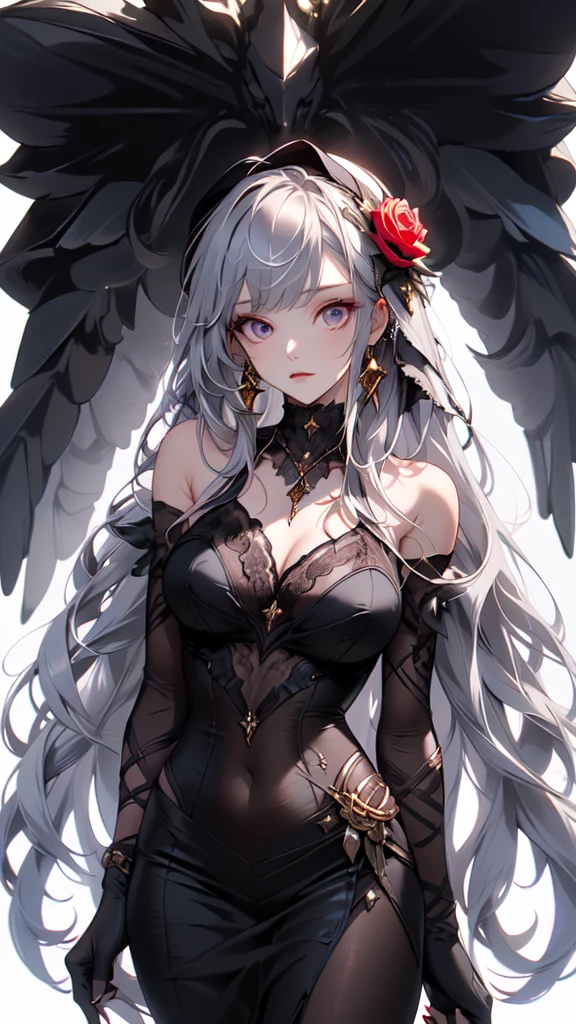 (masterpiece:1.2), highest quality, 1 female, alone, long long gray hair, very long hair, bangs, (white background:1.4), dark purple eyes, white bonnet with dark red rose decoration, while gothic dress with gold trim