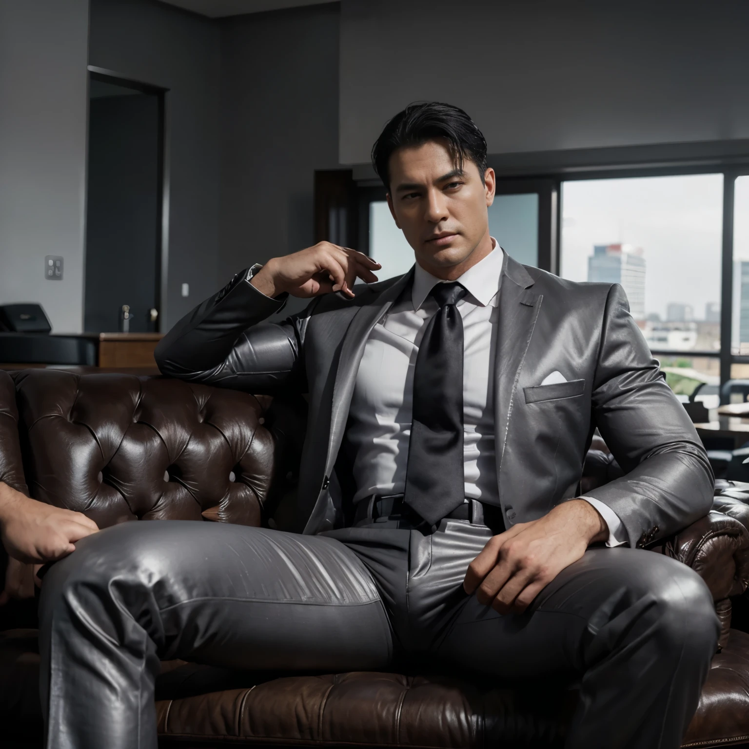 30 years old,daddy,"shiny suit",wear white shirt, very glossy pants, necktie, waistcoat, shiny satin trousers,dark gray satin fabric ,Dad sit down on the sofa,  k hd,in the office,"big muscle" ,black hair,asia face,masculine,strong man,the boss is,handsome,,leather gloves,lecherous dad,look straight ahead,dad is handsome,dad is handsome, dad is "horny daddy"