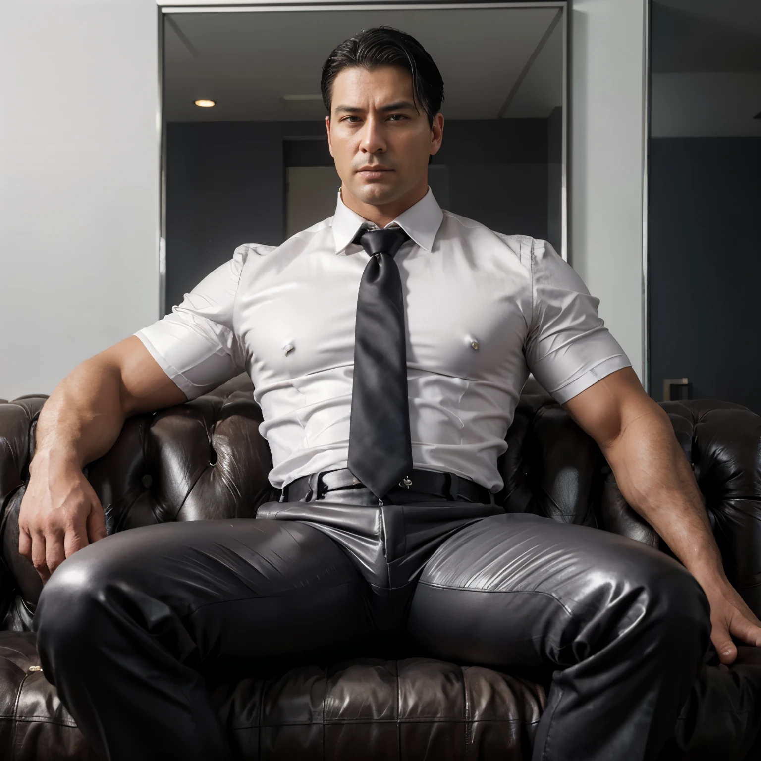 30 years old,daddy,"shiny suit",wear white shirt, very glossy pants, necktie, waistcoat, shiny satin trousers,dark gray satin fabric ,Dad sit down on the sofa,  k hd,in the office,"big muscle" ,black hair,asia face,masculine,strong man,the boss is,handsome,,leather gloves,lecherous dad,look straight ahead,dad is handsome,dad is handsome, dad is "horny daddy"