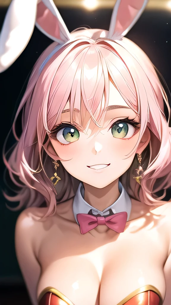 ((highest quality)), ((Highest Resolution)), ((masterpiece)), (detailed), (photograph), Anatomically correct, One Woman, Looking into the camera, Age 25, Beautiful Hair, Beautiful Face, Symmetrical face, Big eyes, Long, narrow eyes, Beautiful clavicle, Beautiful Skin, Cleavage, (Shiny leotard), (Pink leotard), (Bunny girl), Cute smile, 
