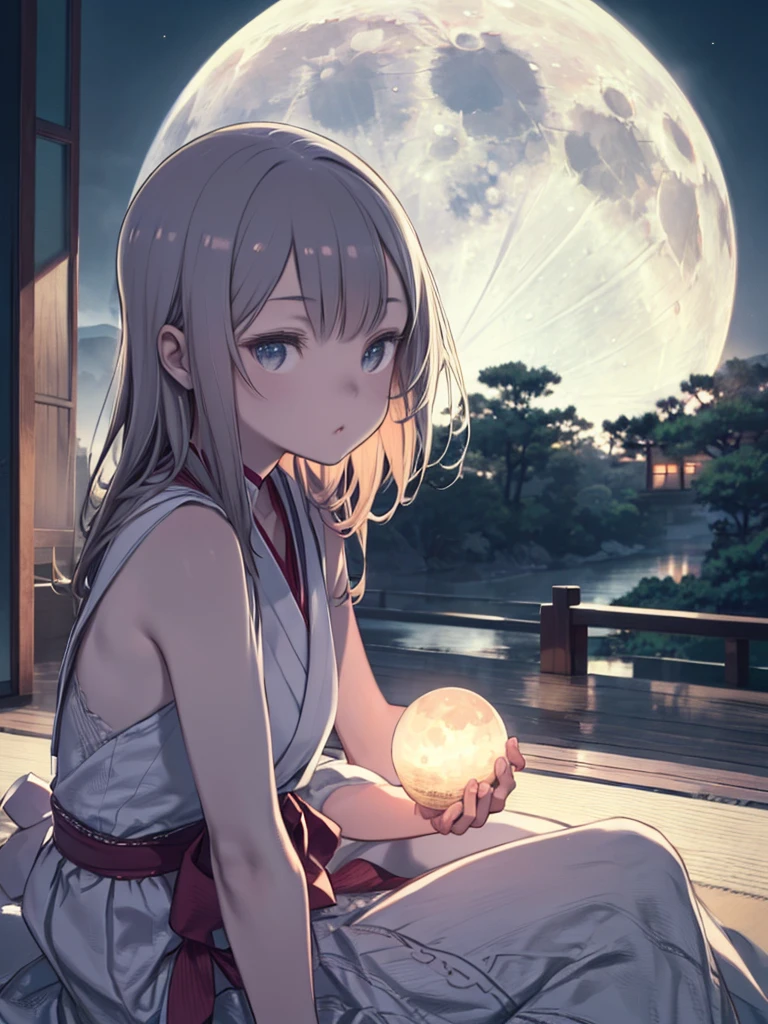 (Official Art、highest quality、Unity 8k wallpaper、32k、masterpiece、Ultra-detailed、超A high resolution、Realistic、Photorealistic:1.2)、(Cinema Lighting:1.2)、Fire Glow Effect、Film Grain、Best Shadow、Rim Light、Side light、(Highly detailed and intricate 3D rendering)、細部までBeautiful Faceと目、Slender、Medium Bust、(whole body:1.2)、(Side Shot、moonを見上げて、avert your eyes:1.2)、(Mysterious、moon明かり)、Highly detailed background、Beautiful Face、Blurred Background、Beautiful girl、(Highly detailed skin、Detailed skin texture:1.3)、Japanese garden、Cowboy Shot、Sitting on the porch、空に浮かぶ満moon、moon、dumpling、