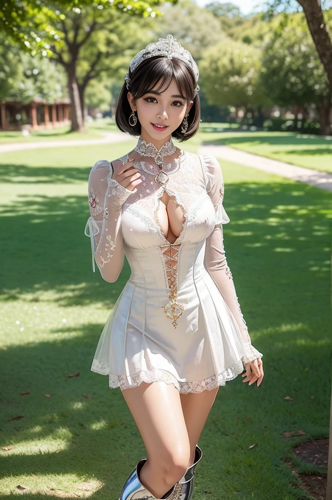 nsfw, sexy stylish Thai model, only 1 female, ((doll-like appearance)), short Mahogany stylish hair, ((shiny Victorian-Style boots)), (big smile), ultra detailed eyes, vivid eye makeup, lipgloss, long lashes, defined eyebrows, ((sexy Paradise Kiss cosplay)), bell-shaped skirt, petticoats, high neckline, puffed sleeves, ((ultra detailed lace)), ((ultra detailed embroidery)), intricate details, Paradise Kiss accessoires and matching headpiece, choker, ((large sparkling Paradise Kiss jewelry)), cinematic light, detailed large park background with trees