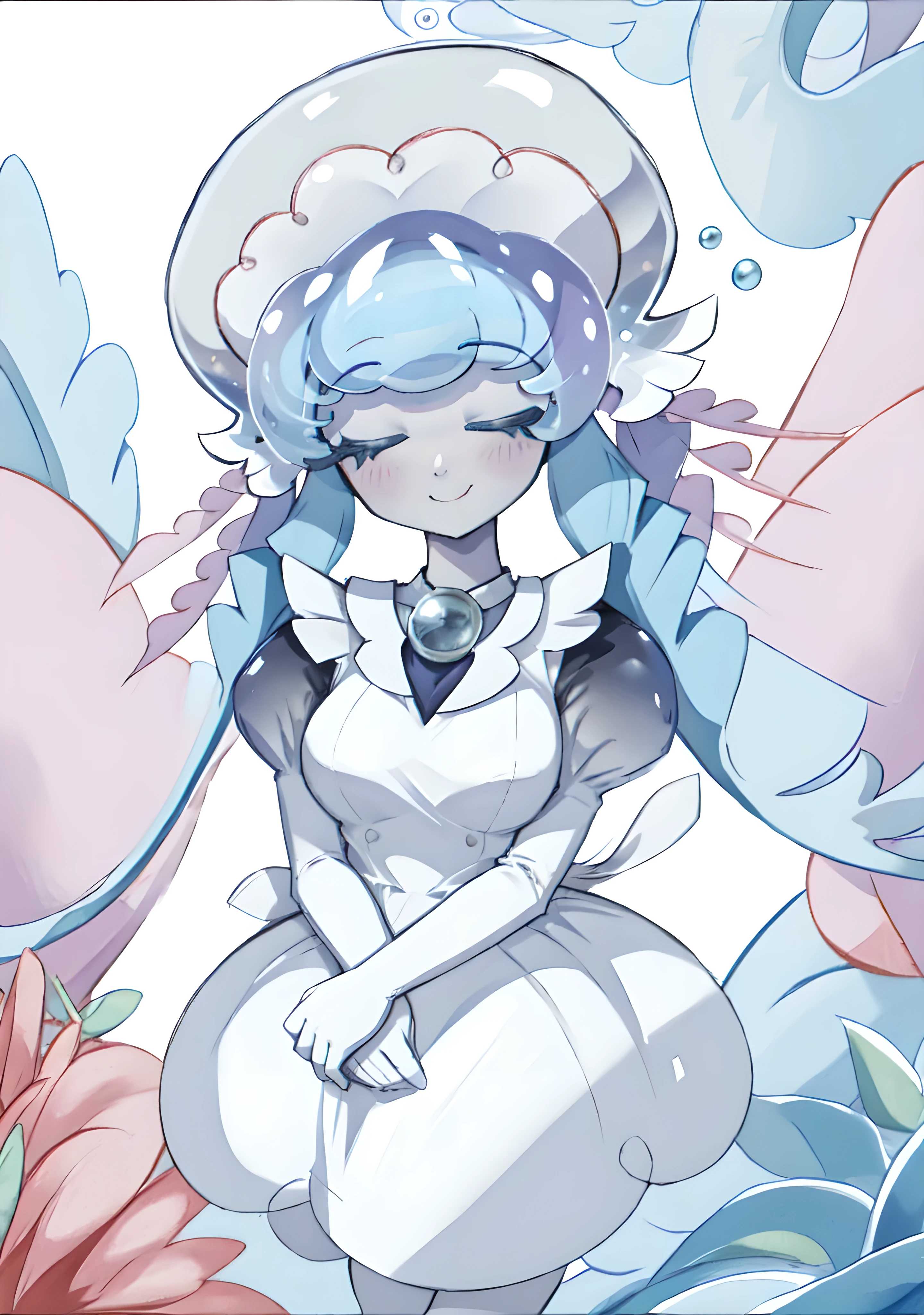 (masterpiece, best quality, highres, ultra detailed:1.2), (solo, 1girl, full body), frilledjellyfish, monster girl, closed eyes, blue hair, tentacle hair, white dress, puffy sleeves, no legs, BREAK, smile, closed mouth, facing viewer, BREAK, (underwater, ocean, water, bubbles)