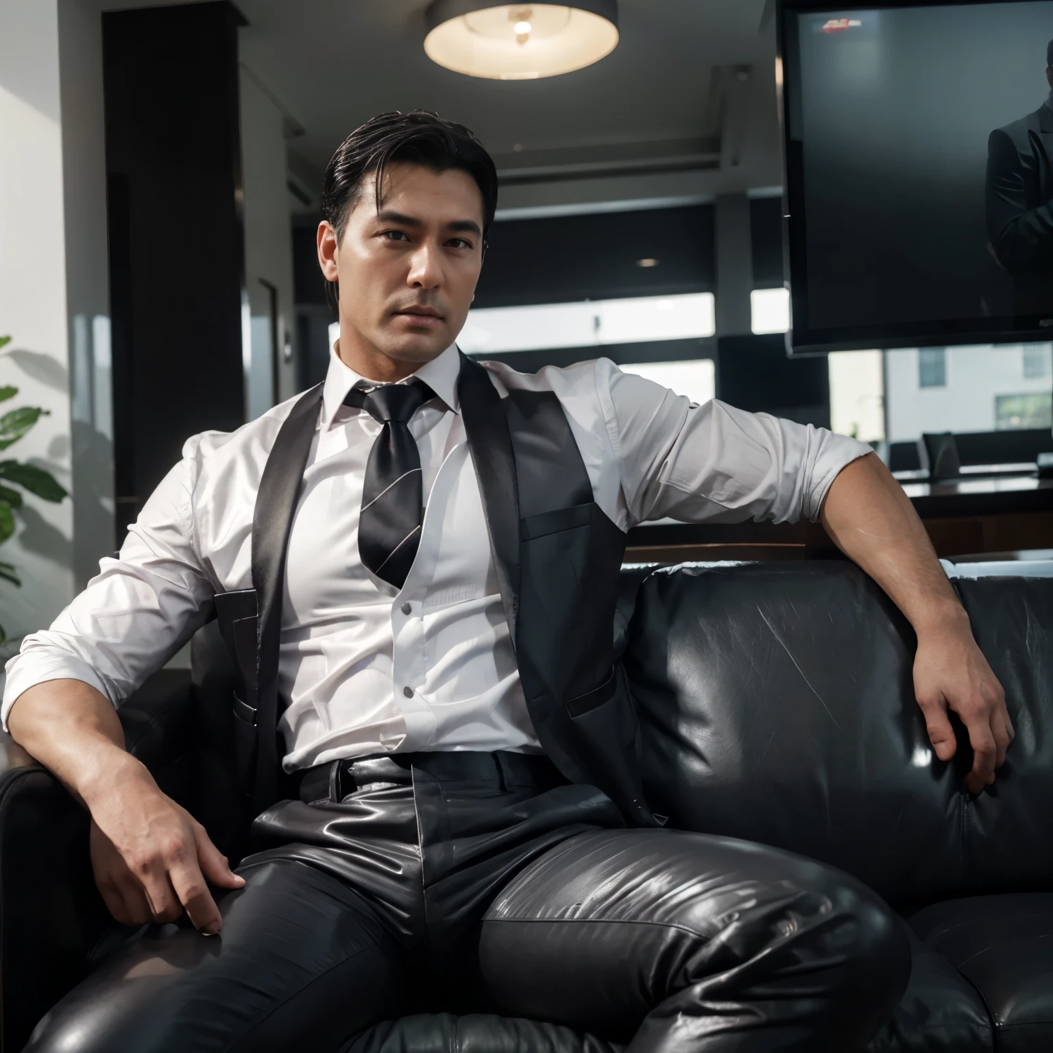 30 years old,daddy,"shiny suit",wear white shirt, very glossy pants, necktie, waistcoat, shiny satin trousers,dark gray satin fabric ,Dad sit down on the sofa,  k hd,in the office,"big muscle" ,black hair,asia face,masculine,strong man,the boss is,handsome,,leather gloves,lecherous dad,look straight ahead,dad is handsome,dad is handsome, dad is "big horny daddy"