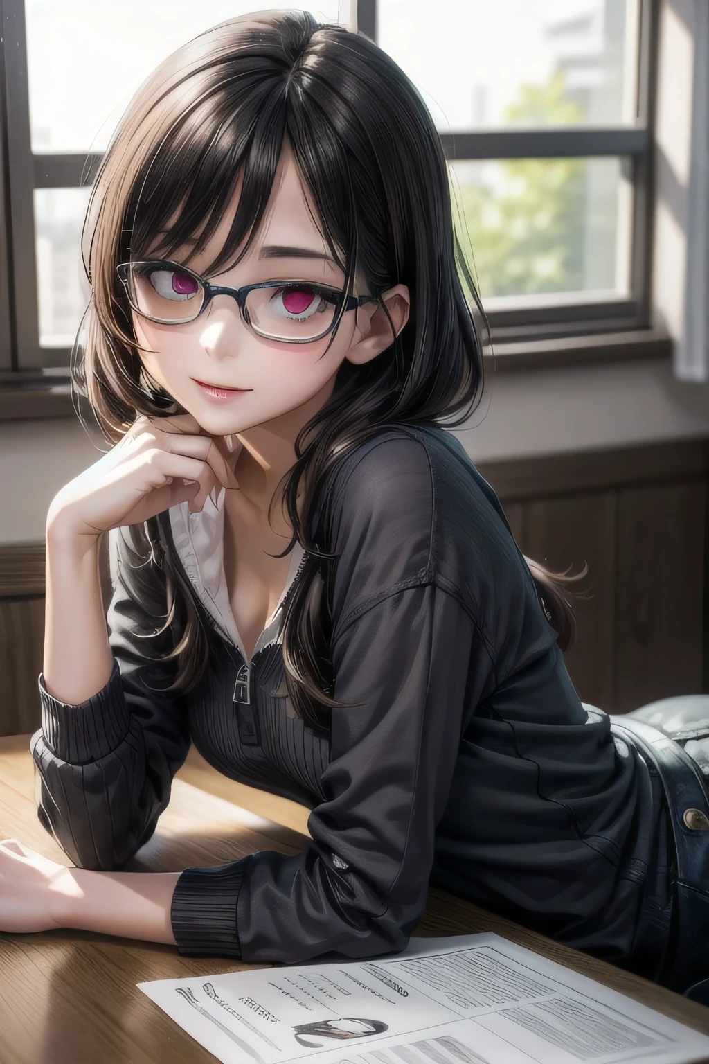 (Tabletop:1.0), (highest quality:1.4), (High resolution:1.2), From the side,Sharp contours, boyish, highest quality, masterpiece,Glasses,Voice of the Heart,20-year-old woman,yandere,Big Breasts,Chest to chest,Lying face down,Upper Body,Ecstasy,saliva,blush,Squint your eyes,Heterochromia iridis,Tuck up your clothes,lure