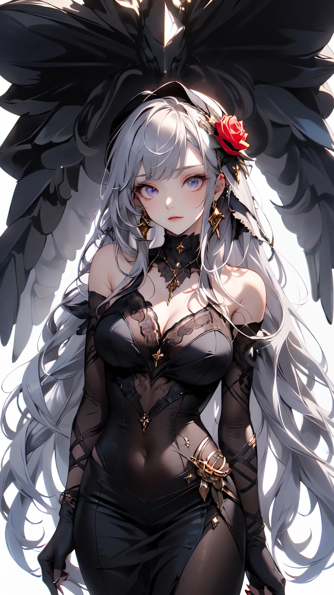 (masterpiece:1.2), highest quality, 1 female, alone, long long gray hair,   very long hair, bangs, (white  background:1.4), dark purple eyes, white bonnet with dark red rose decoration, while gothic dress with gold trim
