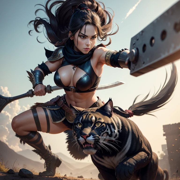 A warrior lady mounting a black puma holding an axe, big cat