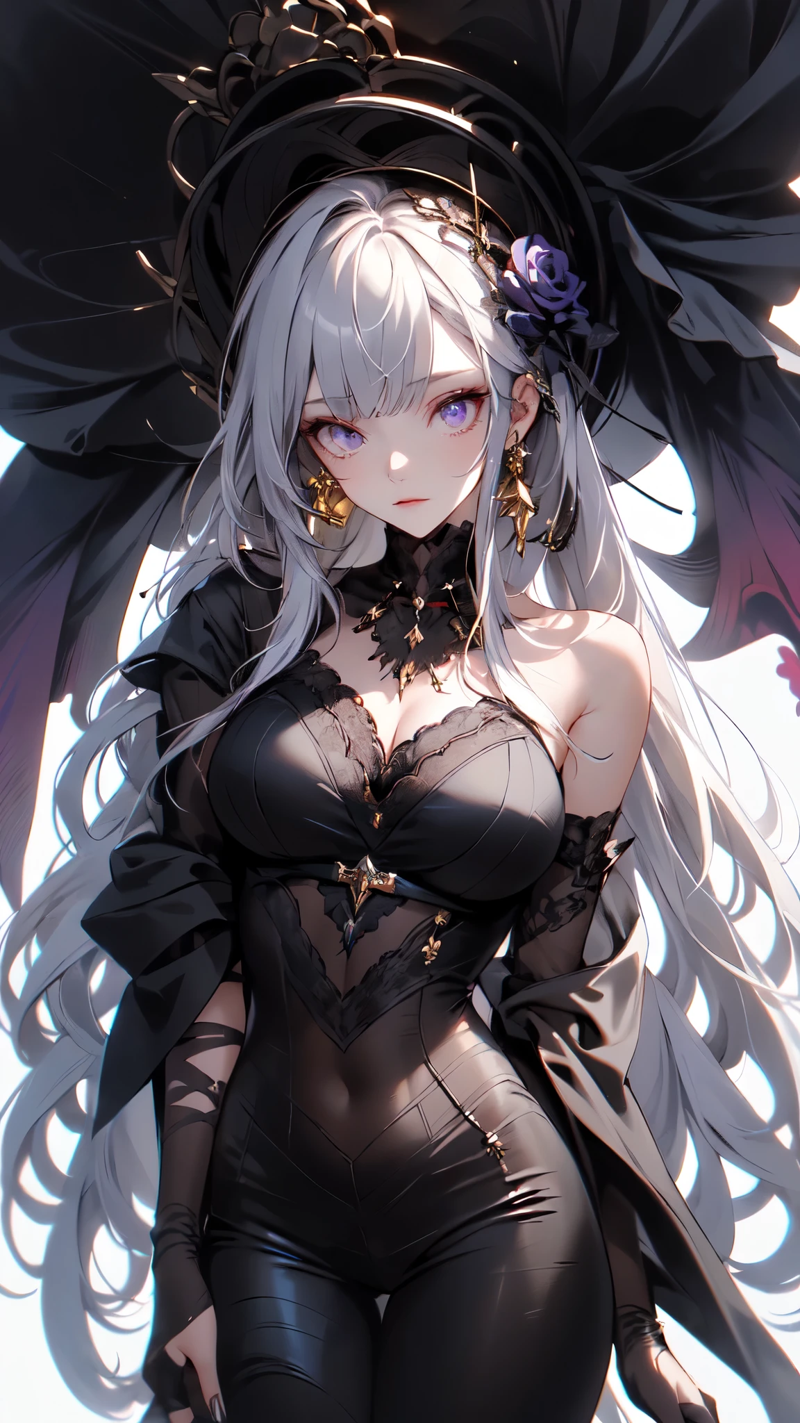 (masterpiece:1.2), highest quality, 1 female, alone, long long gray hair, very long hair, bangs, (white background:1.4), dark purple eyes, white bonnet with dark red rose decoration, while gothic dress with gold trim