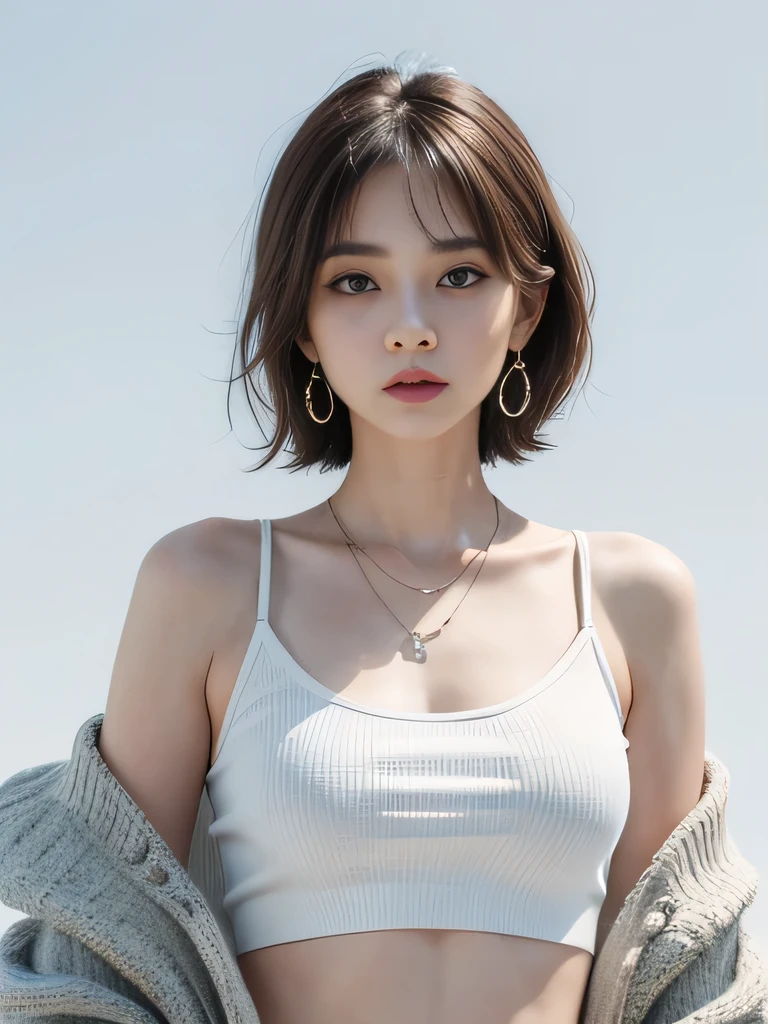 (8K, highest quality, High resolution, masterpiece :1.3), (White Background), stylish, High sense, fashion, The outline is long and narrow, Eyes are long and narrow, Wavy short hair, hair band, casual, cardigan, Tube top, Shoulders out, cap, Upper Body, necklace, Earrings, graphic design, Strike a Pose,