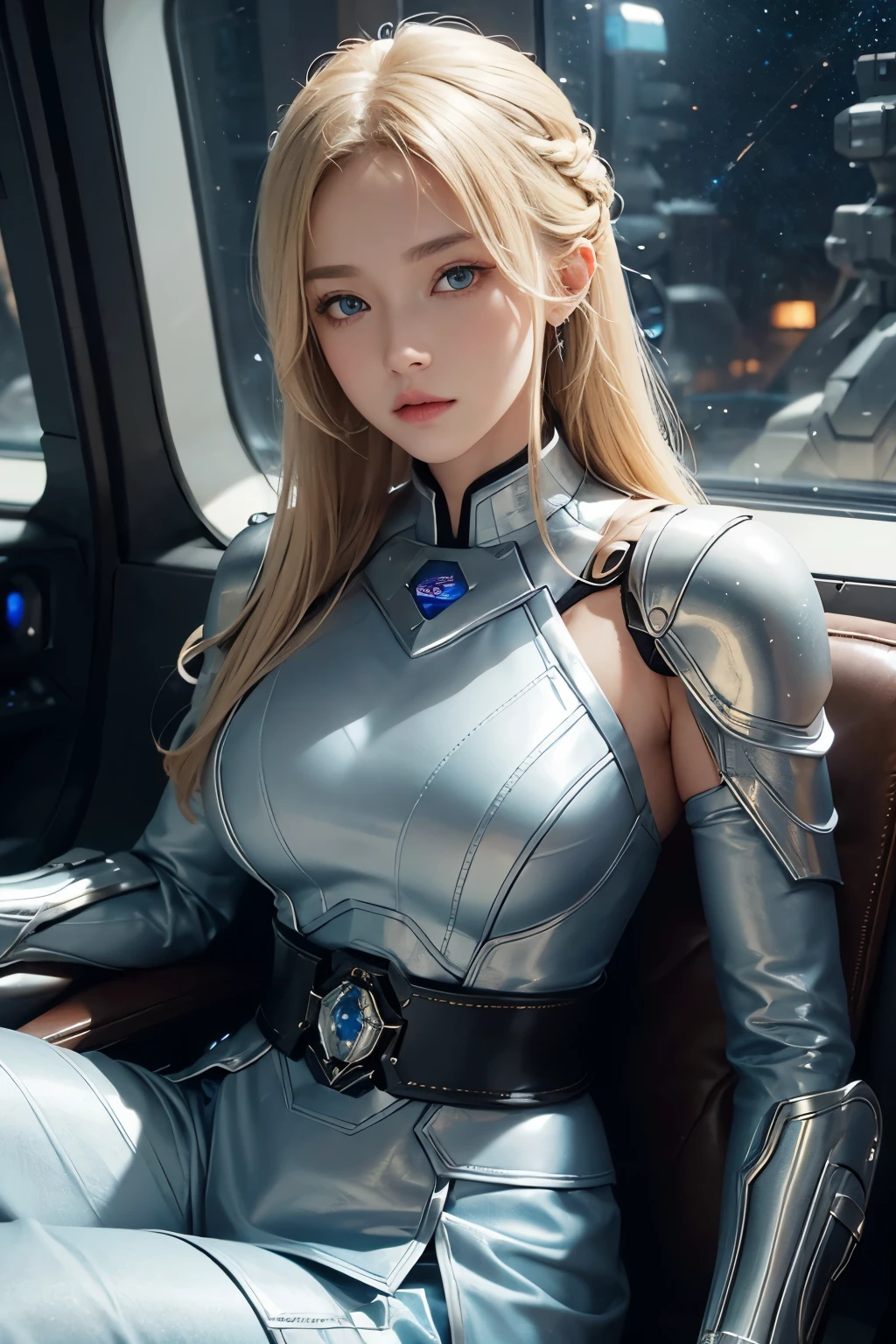 A beautiful blonde with blue eyes、He is sitting in a luxurious brown leather chair.。She wears a beautiful silver-white metallic battle suit.。On his waist is something reminiscent of a Kamen Rider transformation belt.。She is in the control room of a space battleship.。Outside the window you can see outer space。Detailed drawing of faces。Beautiful double eyelids。Straight nose。Thick, well-shaped lips。Masterpiece。