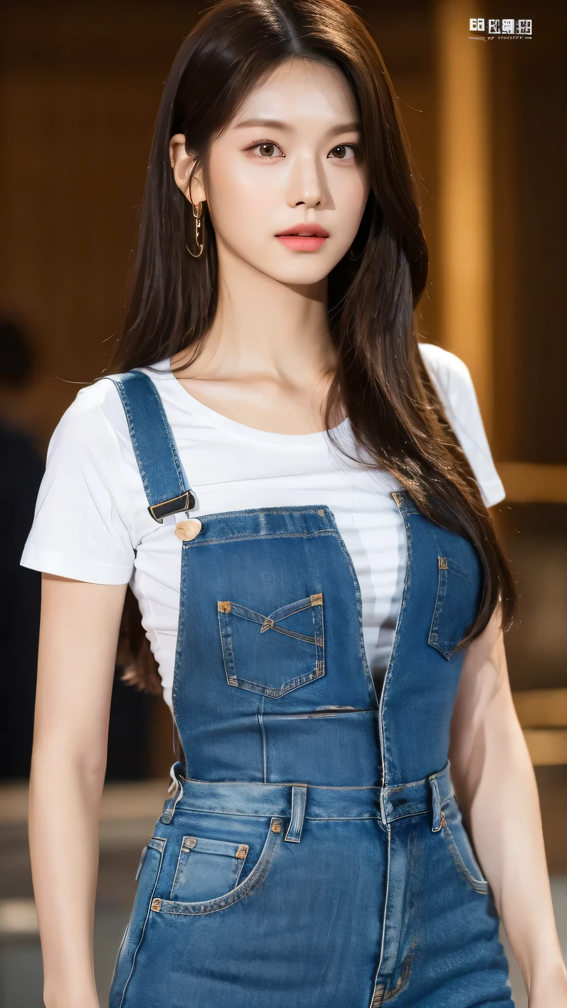 "(((perfect bodies, A long-legged beauty))), HD 8K quality, Amazingly detailed rendering, Dark brown smooth hair, White skinny T-shirt and denim suspenders, Female face true skin tone texture, Living eyes。"