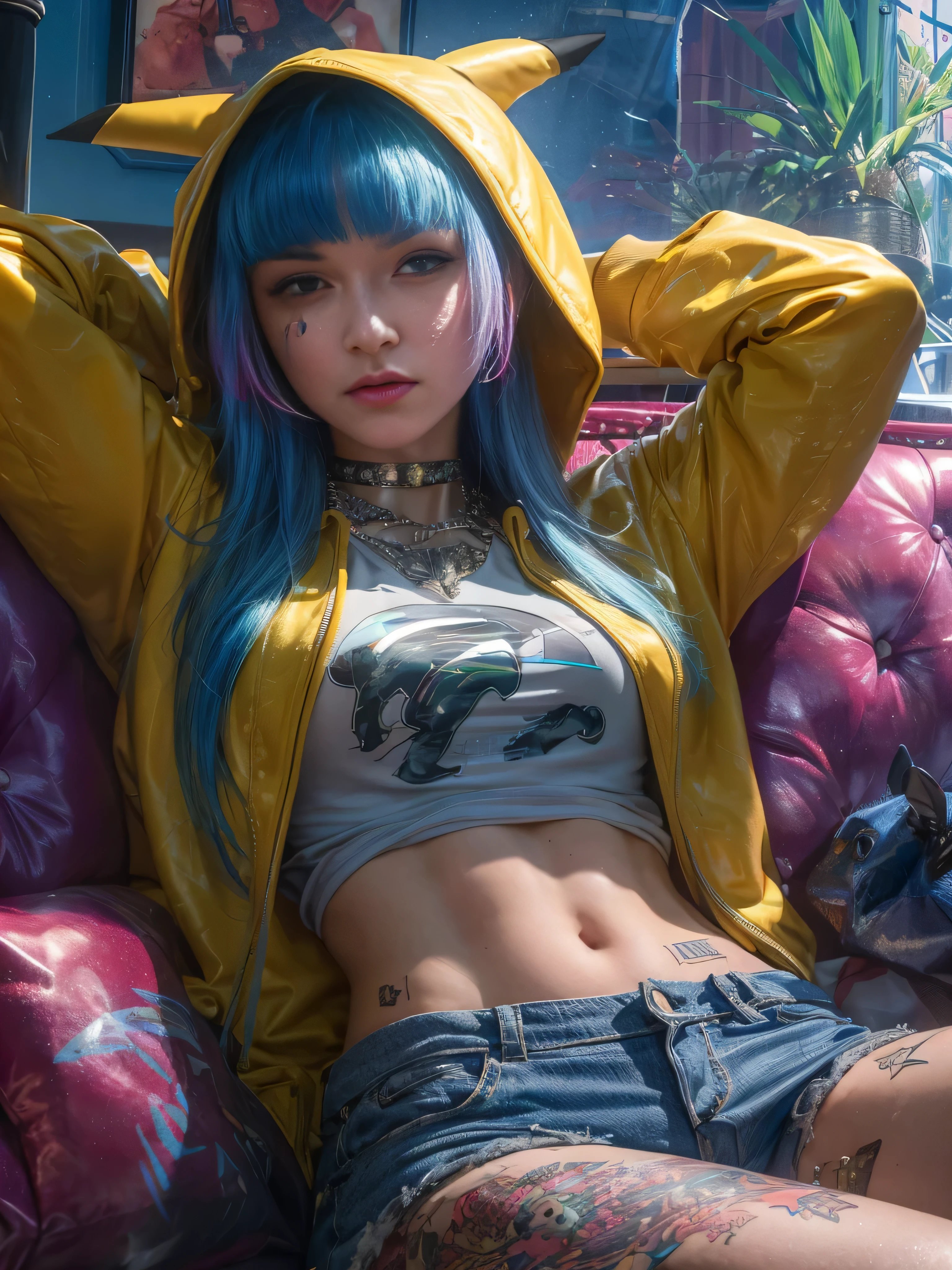 arafed woman with blue hair and a yellow hoodie sitting on a couch, ross tran 8 k, cyberpunk 2 0 y. o model girl, alena aenami and artgerm, cyberpunk art ultrarealistic 8k, cyberpunk beautiful girl, artgerm julie bell beeple, cyberpunk anime girl in hoodie, cyberpunk art style, in cyberpunk style