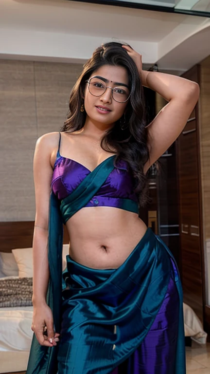  Rashmika Mandanna, 30 year old,1woman,solo,breasts,sarong,eyewear on head,long hair,cleavage, sexy midriff in bedroom