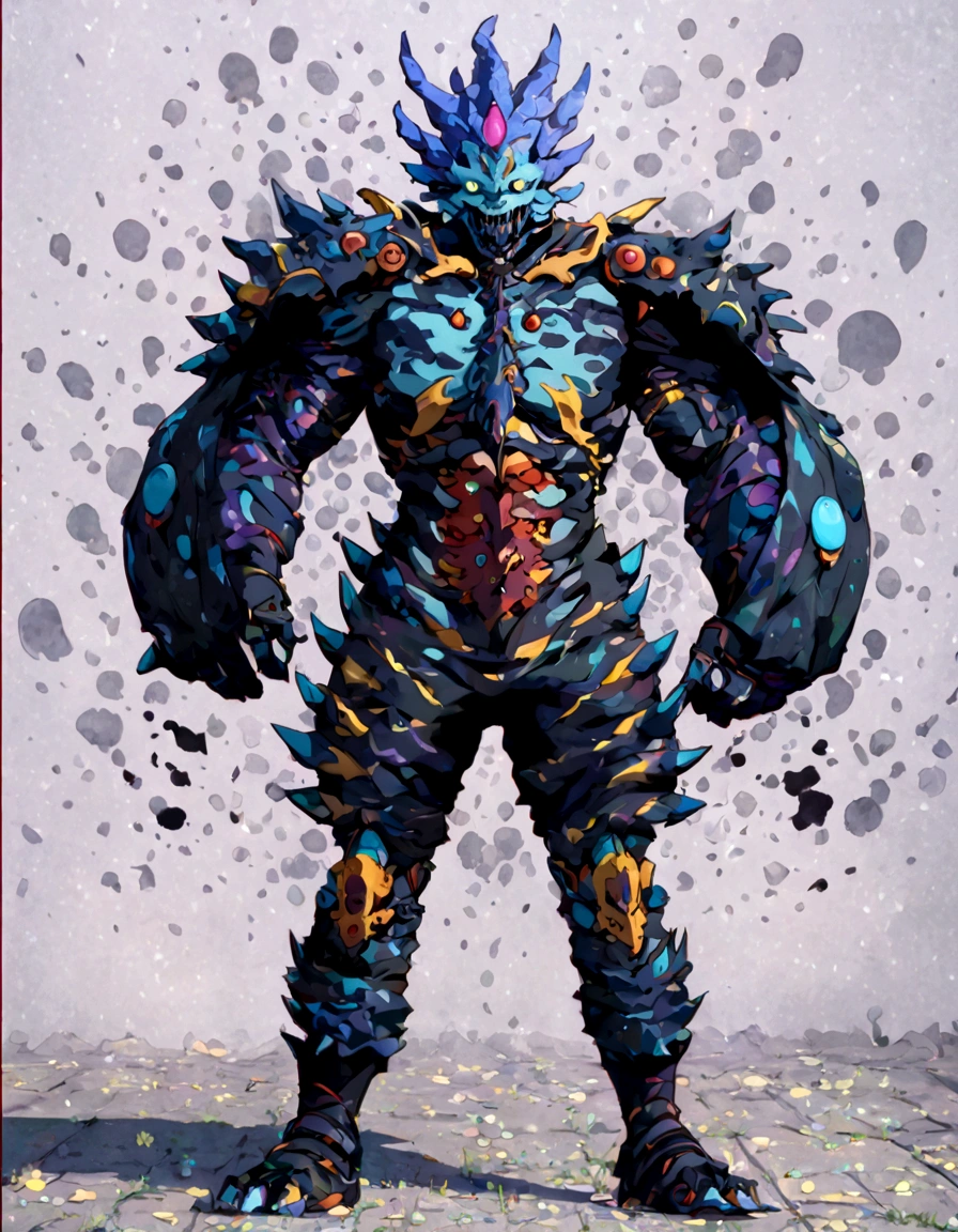 Masterpiece，8K quality，Perfect work。Four straight eyes，Two layers of mouth，Red and purple color combination，Fighting Stance，The Devil&#39;s Scream，Wear a raincoat，Face covered in shadow，Underwear Rain，Hideous face，无论如何战斗到die，grand battle。Excellent light and shadow processing，Unknown creatures，Excellent biological design，exquisite structure，Deformed body，Neon lights，Blinding Lights，The blood left，Bubble-like void，Beautiful bubbles，Light and shadow reflection，On rainy nights，There is a flame burning，New hope，Even the flames reflected the hideous face，Even the light is fragmented and distorted。The monster is in the center of the screen.，Golden Curve，Weird distorted sound，The monster is characterized by many spots on its body.，Colorful spots，Empty spots，Lots of eyes，The sound of the death knell，iridescent glass，ruins，flow，float，die。Beautiful and ferocious，Colorful and toxic，充满希望和die的。