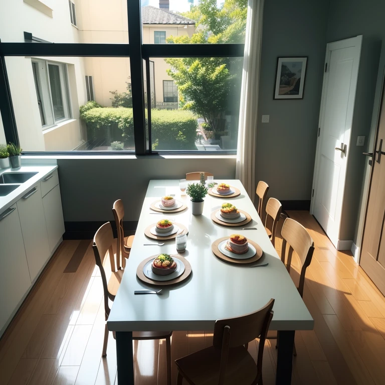 interior shot of a dining room in a modern house with a family atmosphere and zooming in on a plate with colorful food for children resting on a white granite table, sunny weather through the windows of the house with a garden area in the background, full HD , 3D, 4K, ultra realistic, ultra detailed, hyper realism, hyper perfectionist, ultra magnificent, highly extraordinary, rigidly sensational, ultra sublime, hyper exquisite, ultra deep, hyper accurate, highly accurate, very complete, extremely particularized, rich in uniqueness , hyperpragmatic, abundant in common sense, better quality