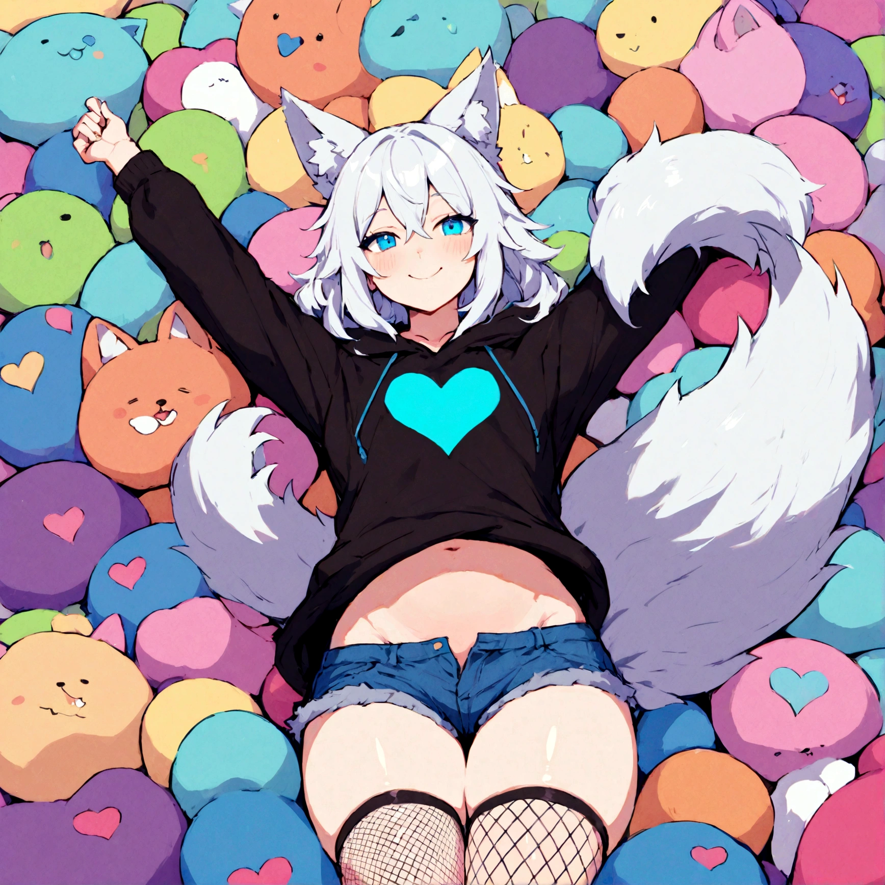 a cute adult male with wolf ears, white hair, has a wolf tail, wearing a loose cropped oversized black hoodie, wearing a pair of denim short shorts and fishnet stockings, thick thighs, wide hips, relaxing on mound of fluffy multi colored kawaii plushies, short, very slim, showing slender tummy, stretching out, heart on hoodie, squishy thighs, has glowing blue eyes. alone, solo (ALONE)(SOLO) happy, smiling