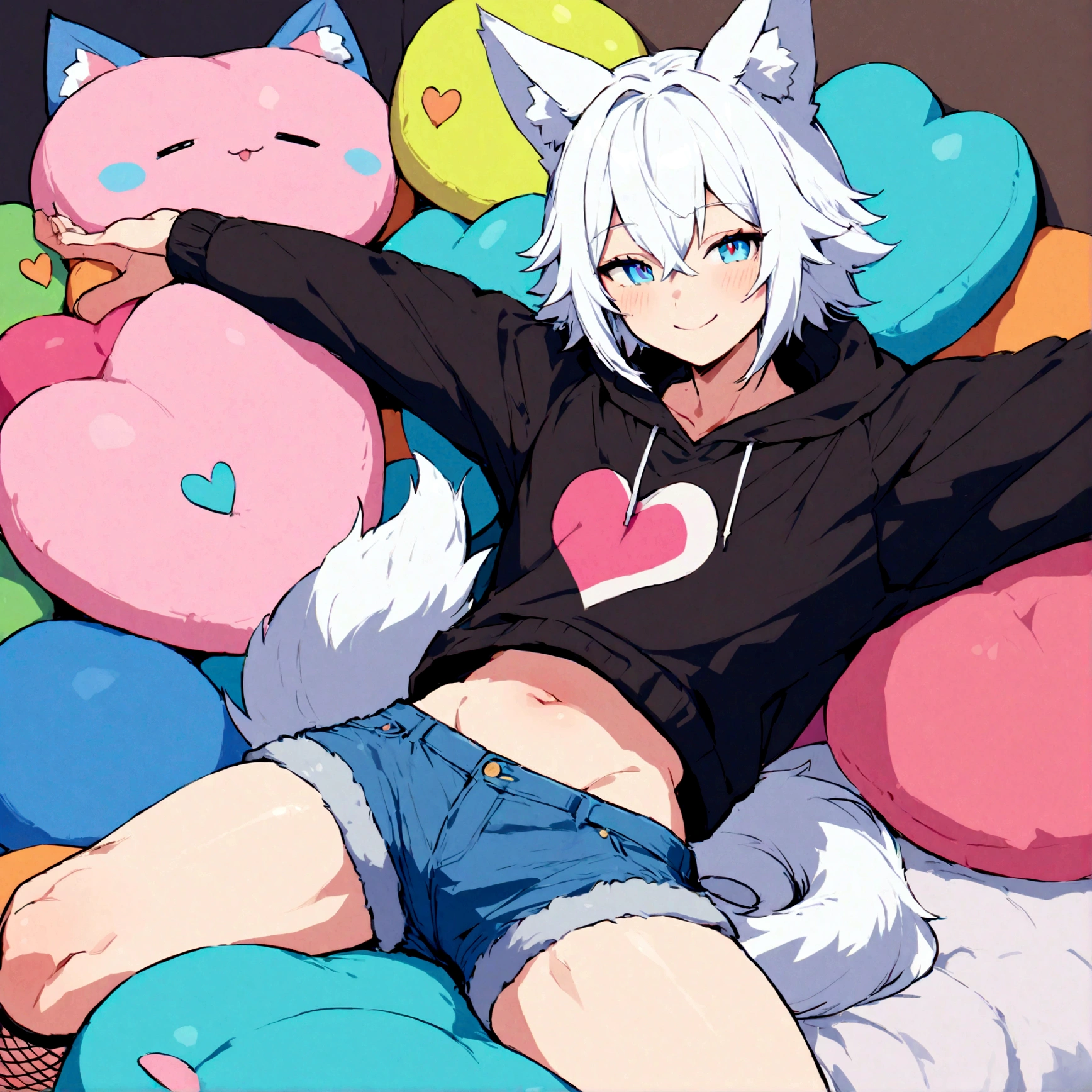 a cute adult male with wolf ears, white hair, has a wolf tail, wearing a loose cropped oversized black hoodie, wearing a pair of denim short shorts and fishnet stockings, thick thighs, wide hips, relaxing on mound of fluffy multi colored kawaii plushies, short, very slim, showing slender tummy, stretching out, heart on hoodie, squishy thighs, has glowing blue eyes. alone, solo (ALONE)(SOLO) happy, smiling