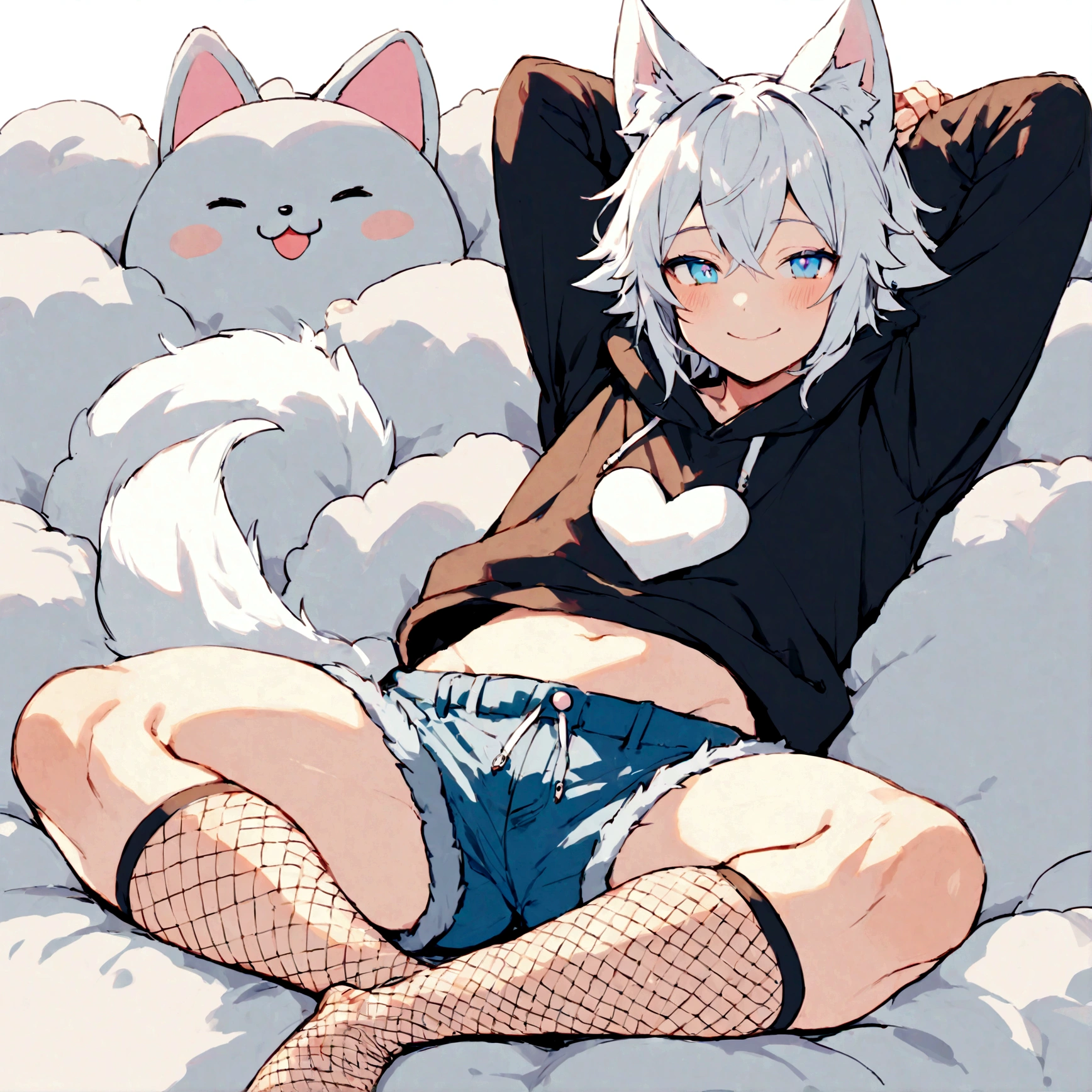a cute adult male with wolf ears, white hair, has a wolf tail, wearing a loose cropped oversized black hoodie, wearing a pair of denim short shorts and fishnet stockings, thick thighs, wide hips, relaxing on mound of fluffy multi colored kawaii plushies, short, very slim, showing slender tummy, stretching out, heart on hoodie, squishy thighs, has glowing blue eyes. alone, solo (ALONE)(SOLO) happy, smiling