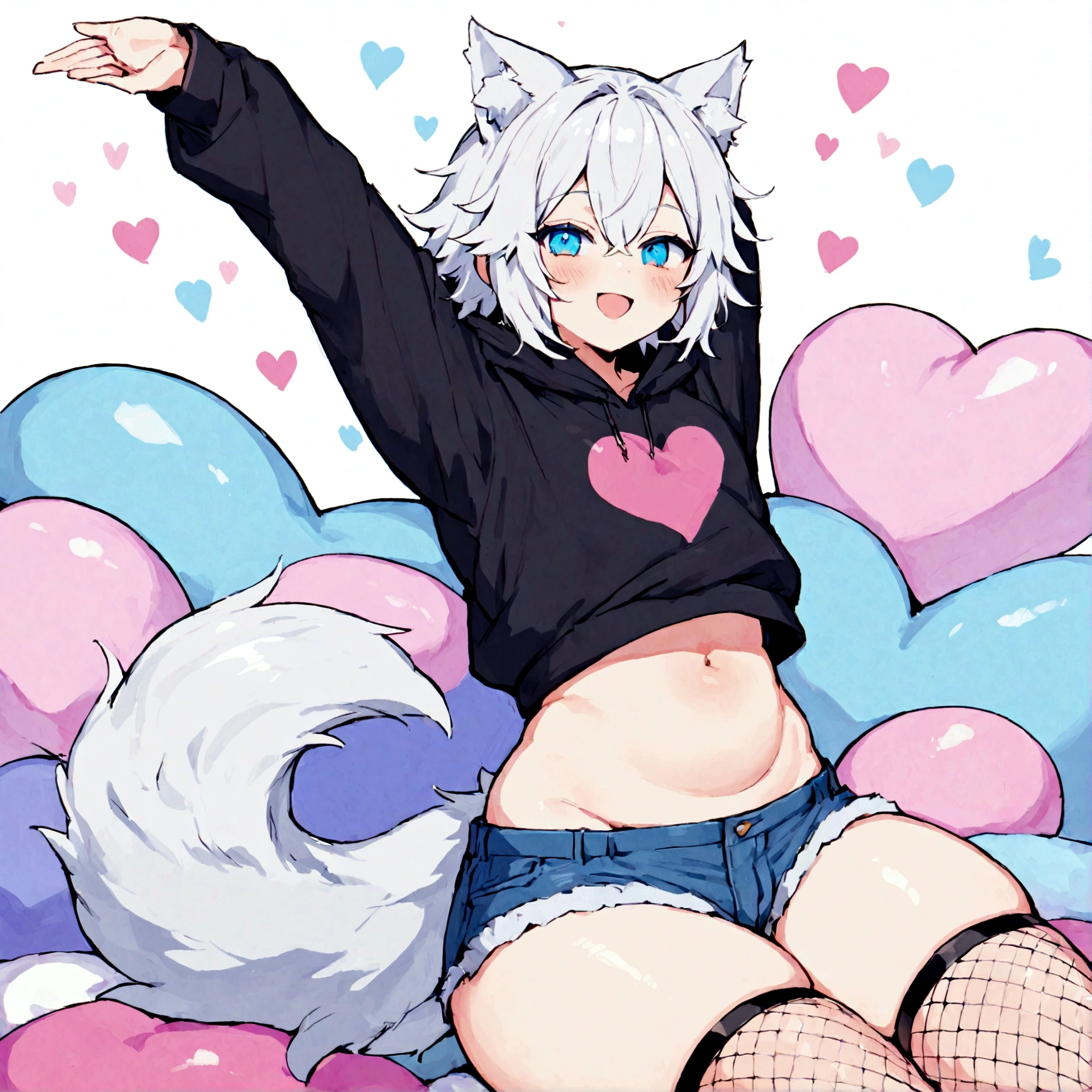 a cute adult male with wolf ears, white hair, has a wolf tail, wearing a loose cropped oversized black hoodie, wearing a pair of denim short shorts and fishnet stockings, thick thighs, wide hips, relaxing on mound of fluffy multi colored kawaii plushies, short, very slim, showing slender tummy, stretching out, heart on hoodie, squishy thighs, has glowing blue eyes. alone, solo (ALONE)(SOLO) happy, smiling
